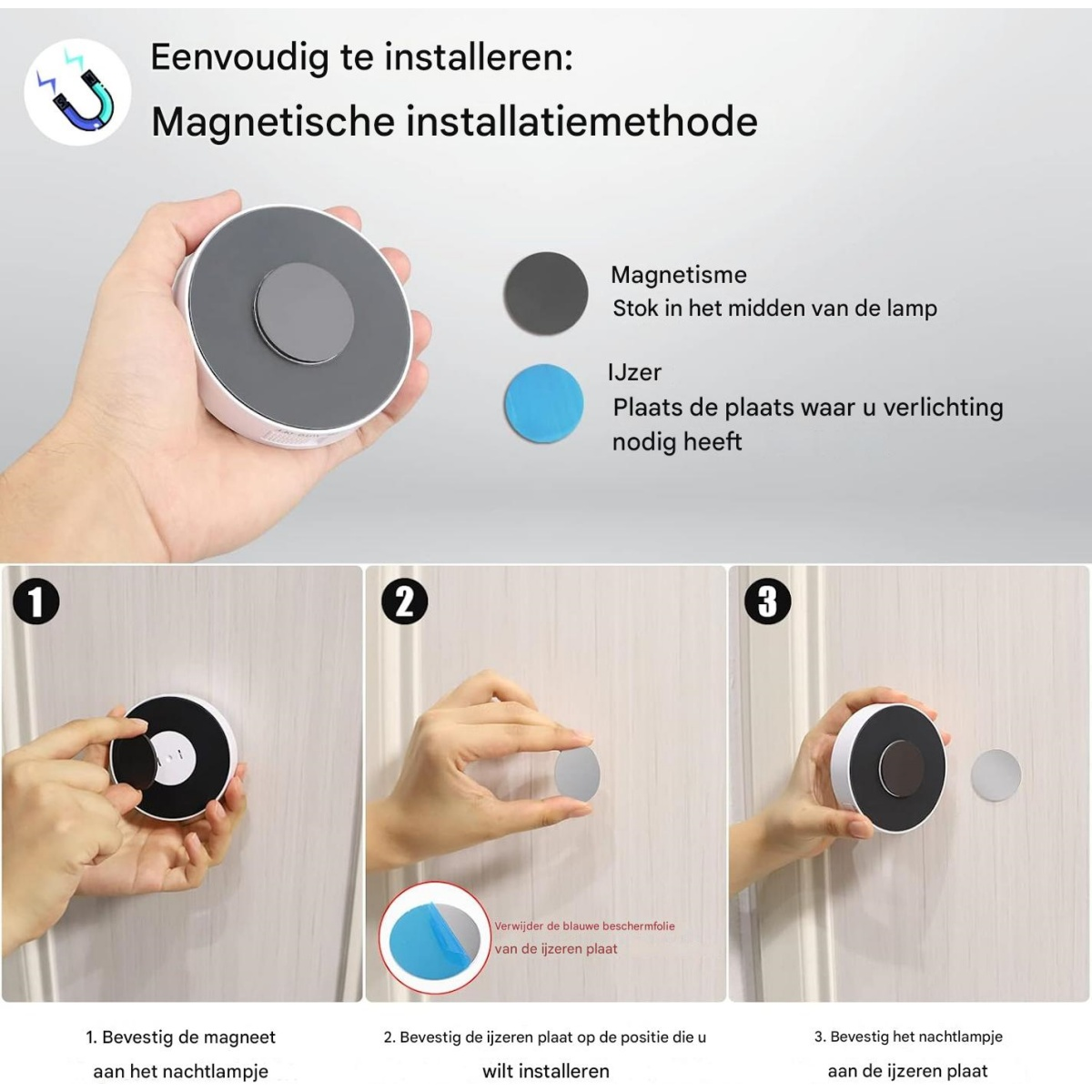 Una mano tiene in mano una lampada, con passaggi su come installarla con i magneti. La lampada ha un metodo di installazione magnetico.