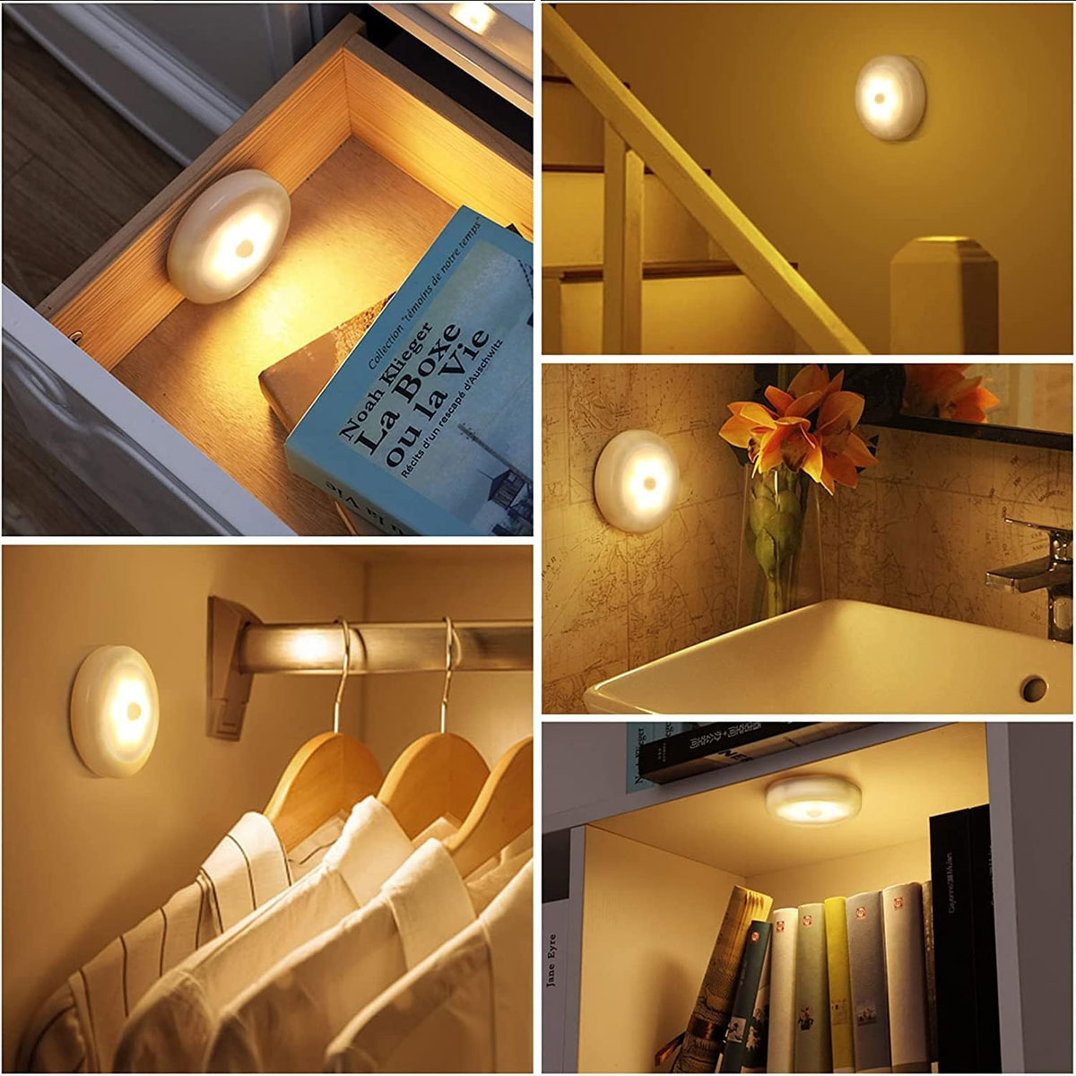 Das Bild zeigt mehrere kleine, runde, weiße LED-Leuchten, die an verschiedenen Orten installiert sind, darunter eine Schublade, eine Treppe, ein Schrank und ein Regal.