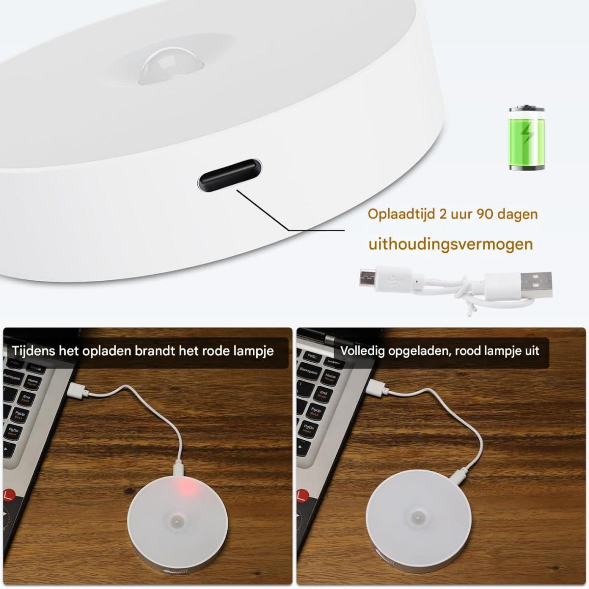 Lampada rotonda bianca in carica. Luce rossa in carica, spenta quando è completamente carica. Include cavo USB e icona batteria.