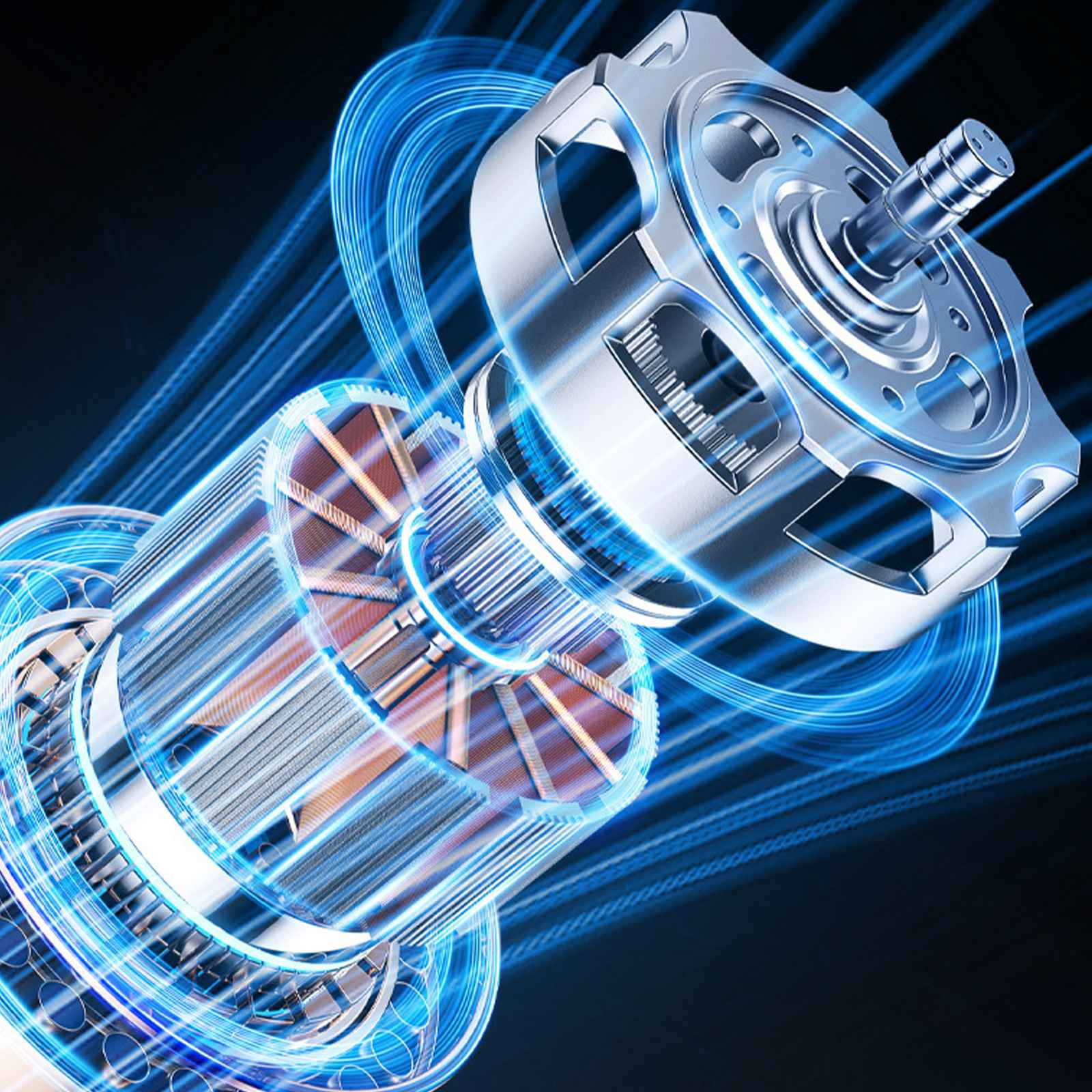Detaillierte Illustration einer Motorkomponente mit Metallteilen und blauen Energielinien auf dunklem Hintergrund.