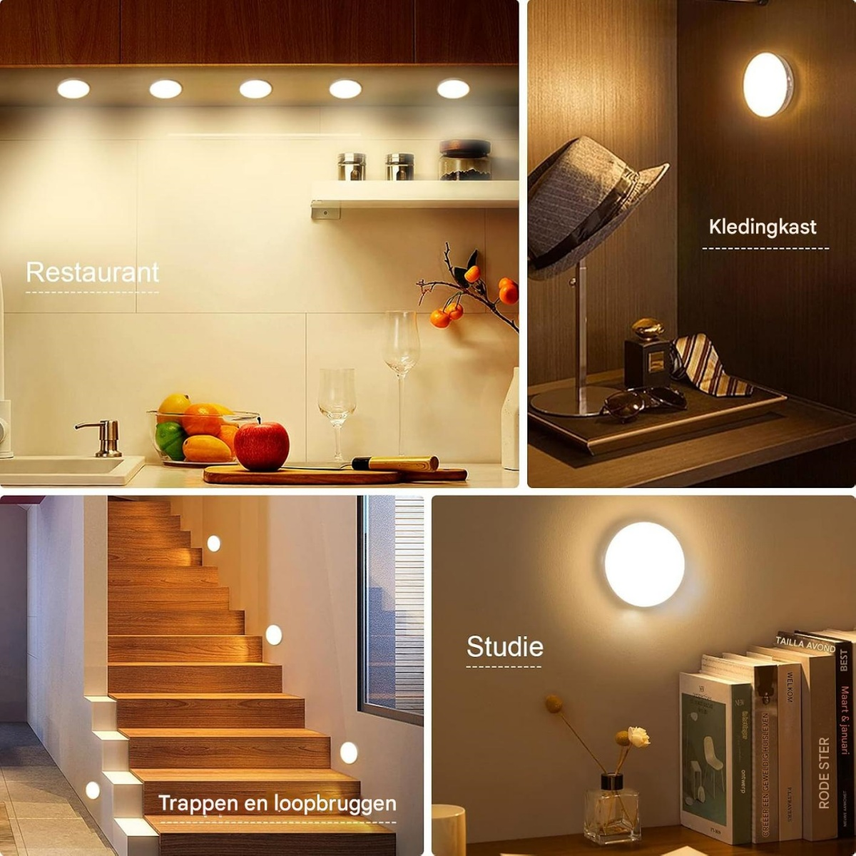 Un collage che mostra scene di cucina, armadio, scale e studio, ciascuna con una luce rotonda. Vari elementi sono presenti in ogni scena.