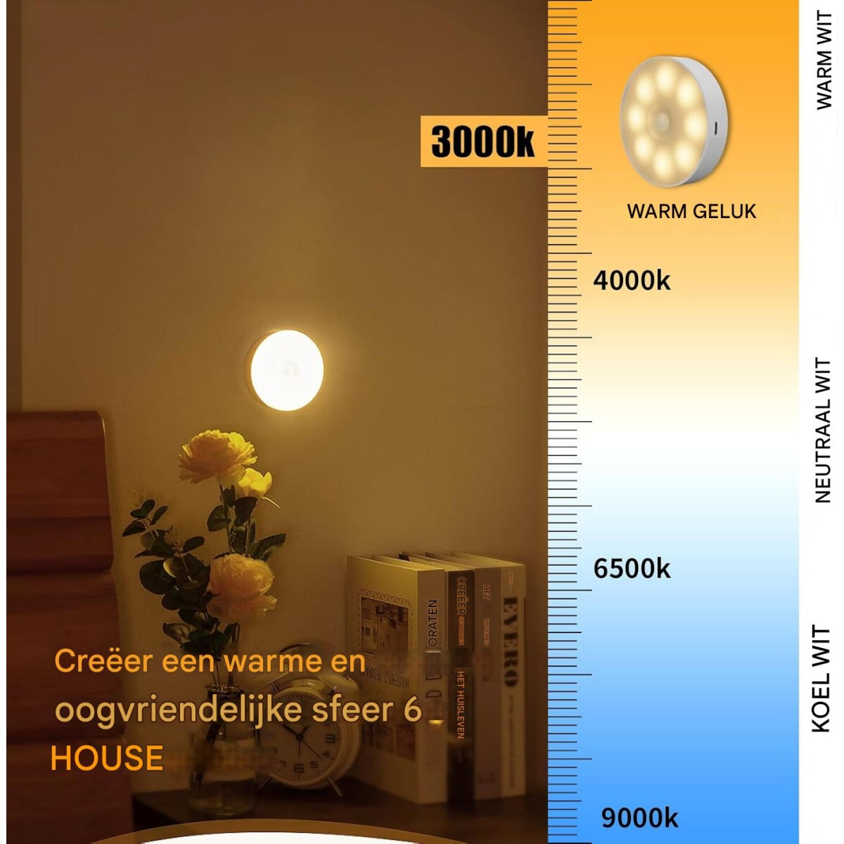 Una luce LED accesa e una scala che indica la temperatura del colore. Fiori, libri e una sveglia sono su una mensola sotto la luce.