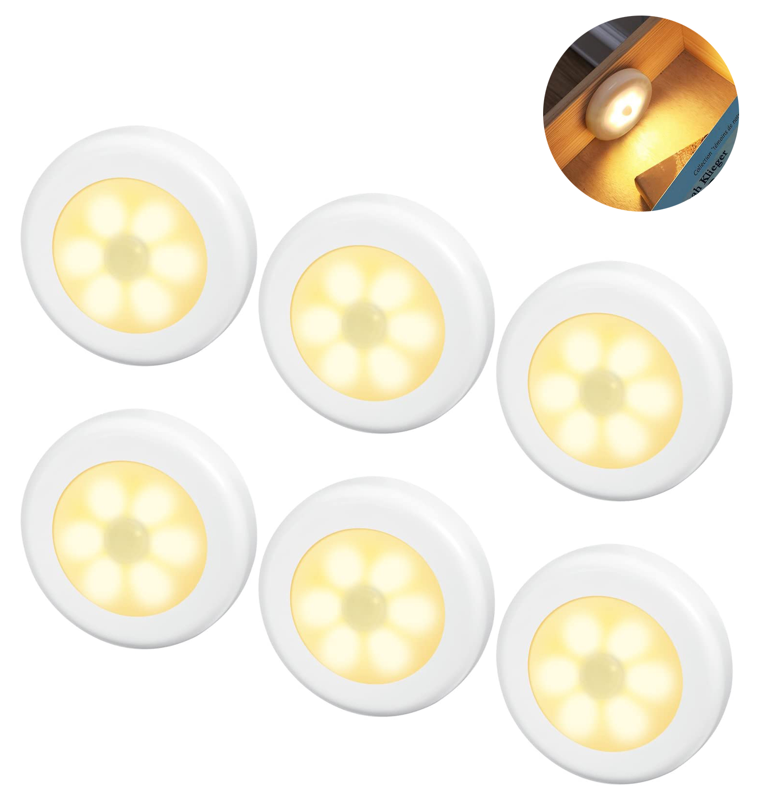 Sechs weiße, runde LED-Leuchten sind sichtbar, mit einer Schubladeneinlage, die ein Licht im Gebrauch zeigt und ein Buch beleuchtet.