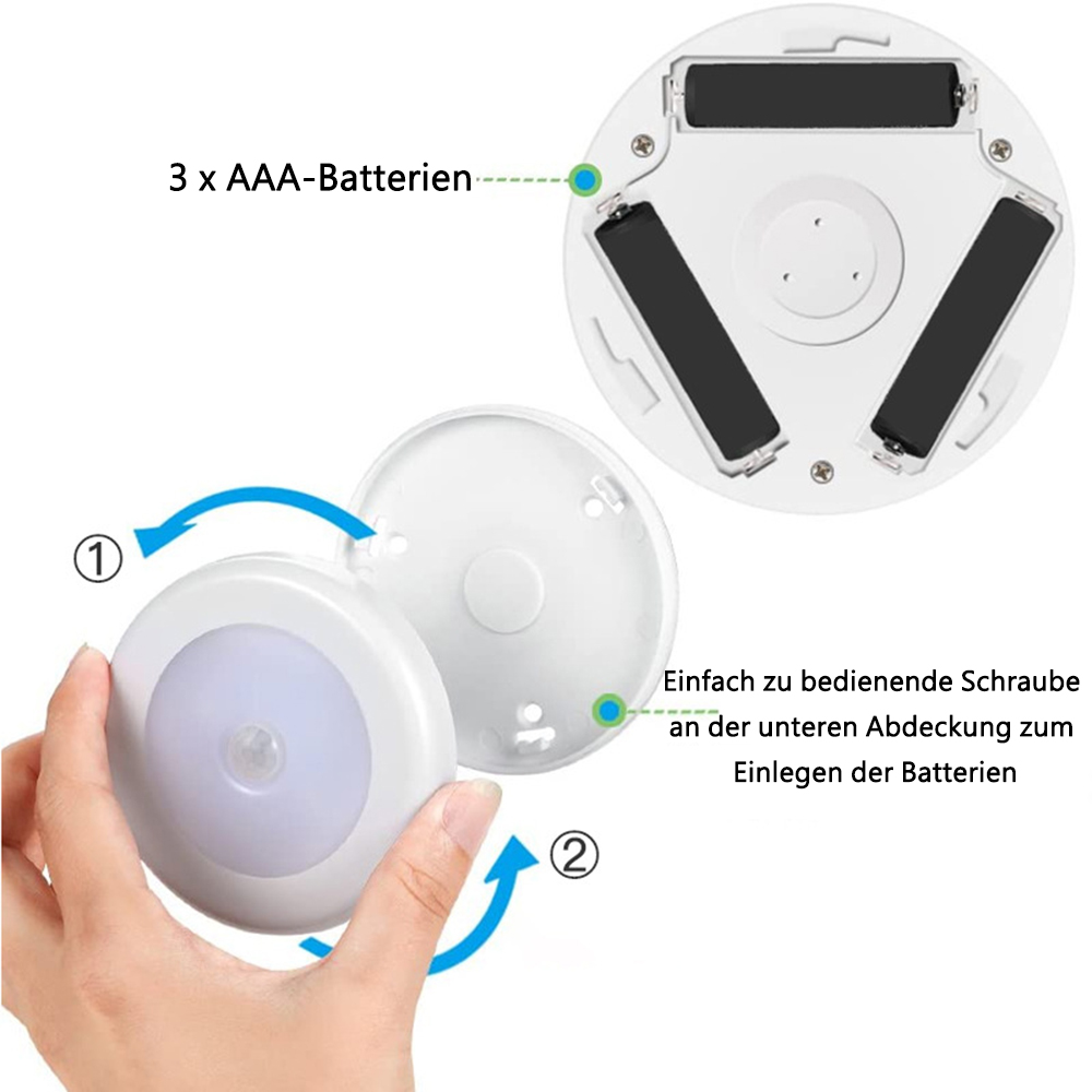 Ein weißes, rundes LED-Licht, auseinandergenommen, um das Batteriefach zu zeigen. Text zeigt 3 AAA-Batterien. Eine Hand hält die Vorderseite.