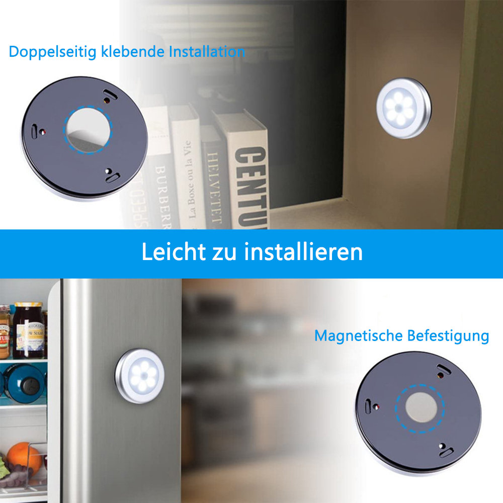 Das Bild zeigt ein rundes LED-Licht mit Installationsoptionen. Es umfasst Klebe- und Magnetbefestigung auf verschiedenen Oberflächen.