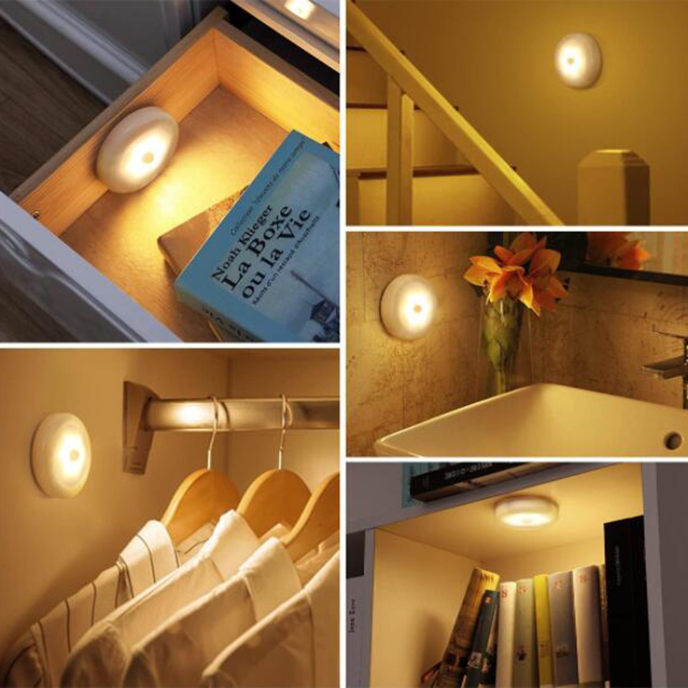 Das Bild zeigt mehrere Szenen mit runden LED-Leuchten. Sie befinden sich in einer Schublade, an Wänden, in der Nähe von Treppen, einem Waschbecken und in einem Schrank.