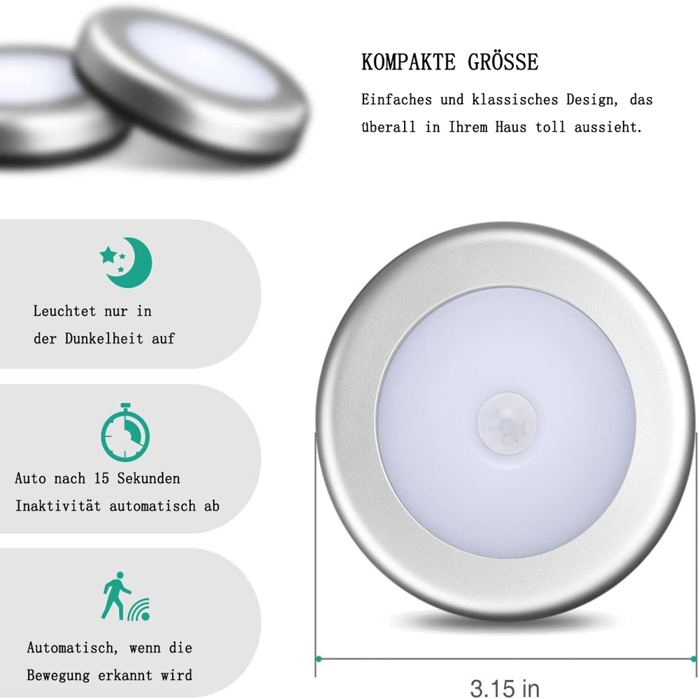 Ein rundes, silbernes LED-Licht mit Bewegungssensor. Der Text beschreibt Funktionen wie automatisches Abschalten und Dunkelaktivierung.