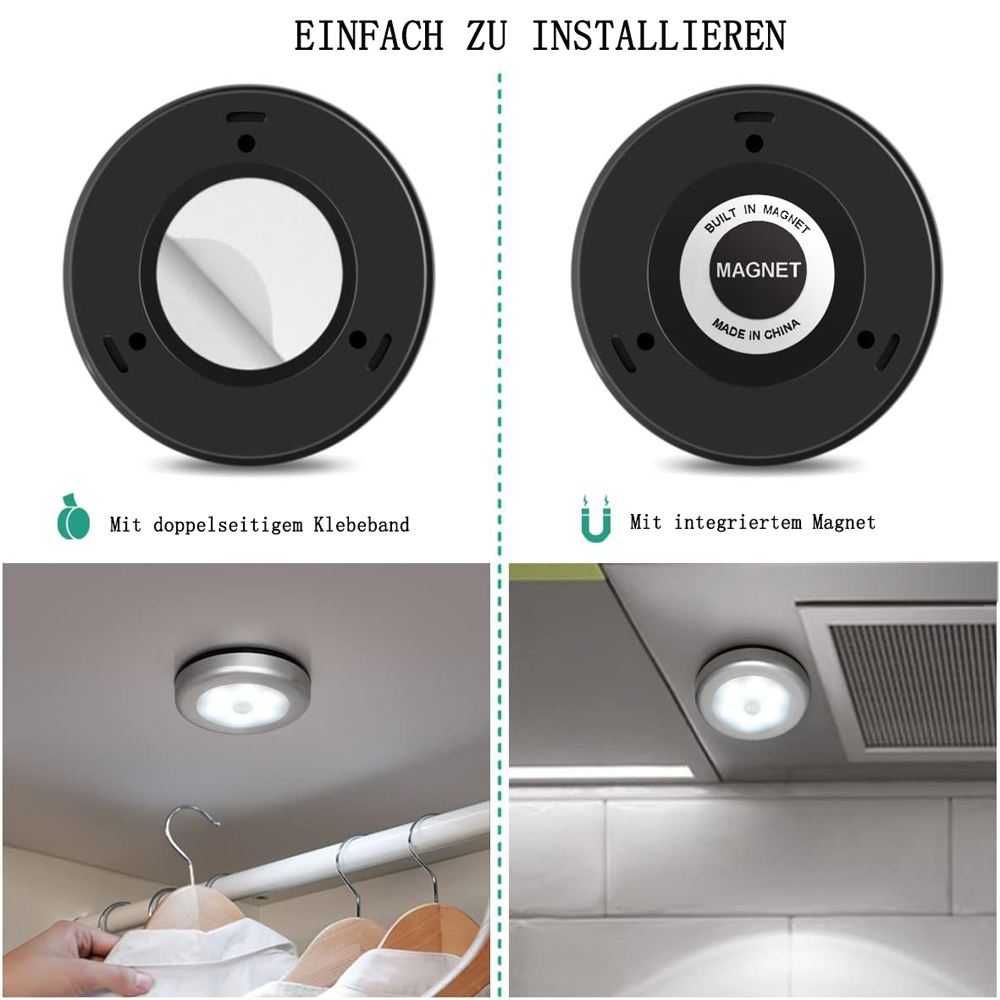 Das Bild zeigt zwei schwarze runde Lichter, eines mit Klebstoff, das andere mit einem Magneten und zwei installiert. Text sagt 'Einfach zu installieren'.