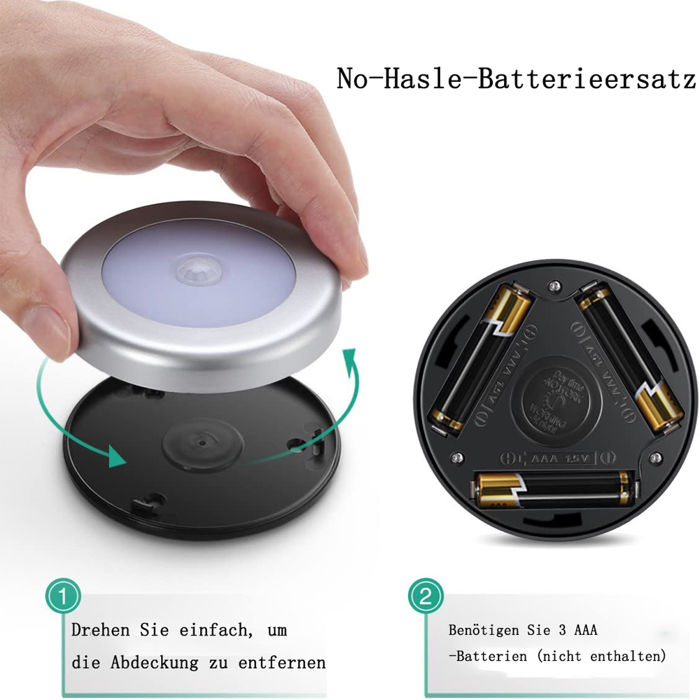 Eine Hand schraubt ein rundes, silbernes Licht von einer schwarzen Basis ab und zeigt drei AAA-Batterien. Text besagt, dass die Lampe 3 AAA-Batterien benötigt.