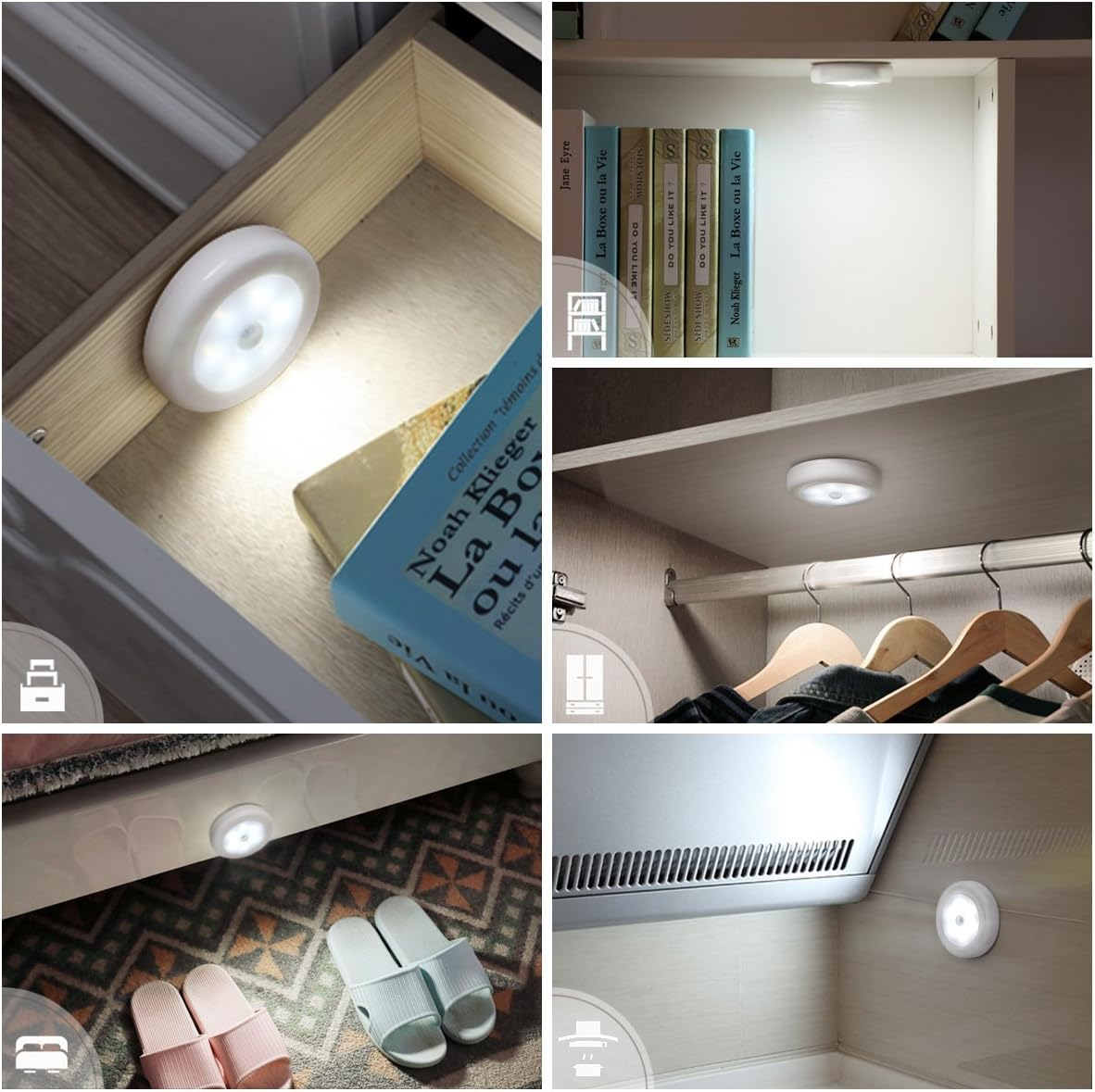 Eine Collage, die kleine, runde LED-Leuchten in verschiedenen Umgebungen zeigt: Schublade, Regal mit Büchern, Schrank, unter dem Bett und in der Nähe einer Belüftung.