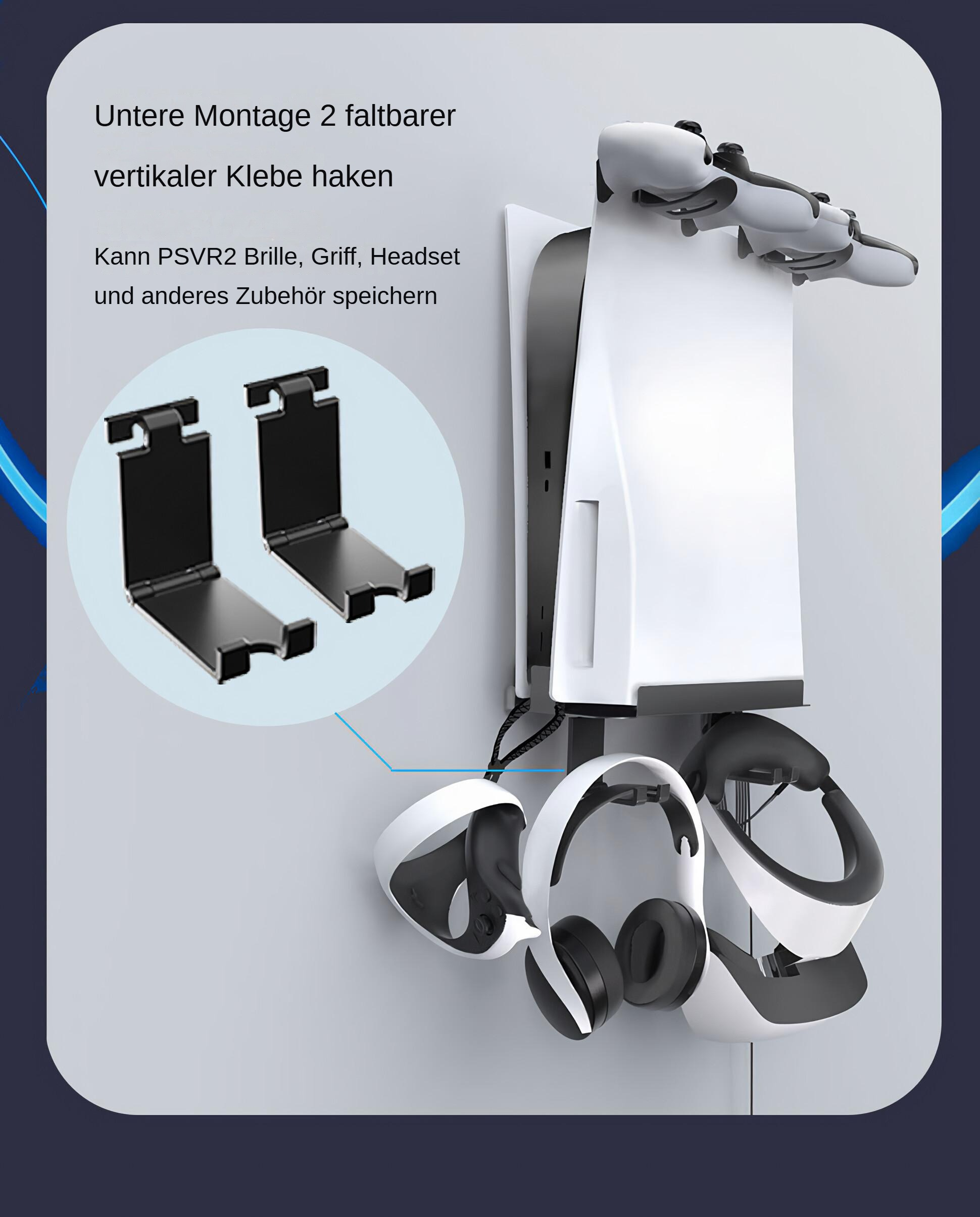 Ein weiß-schwarzer Konsolenhalter mit Kopfhörern und Controllern. Es ist an einer Wand befestigt.