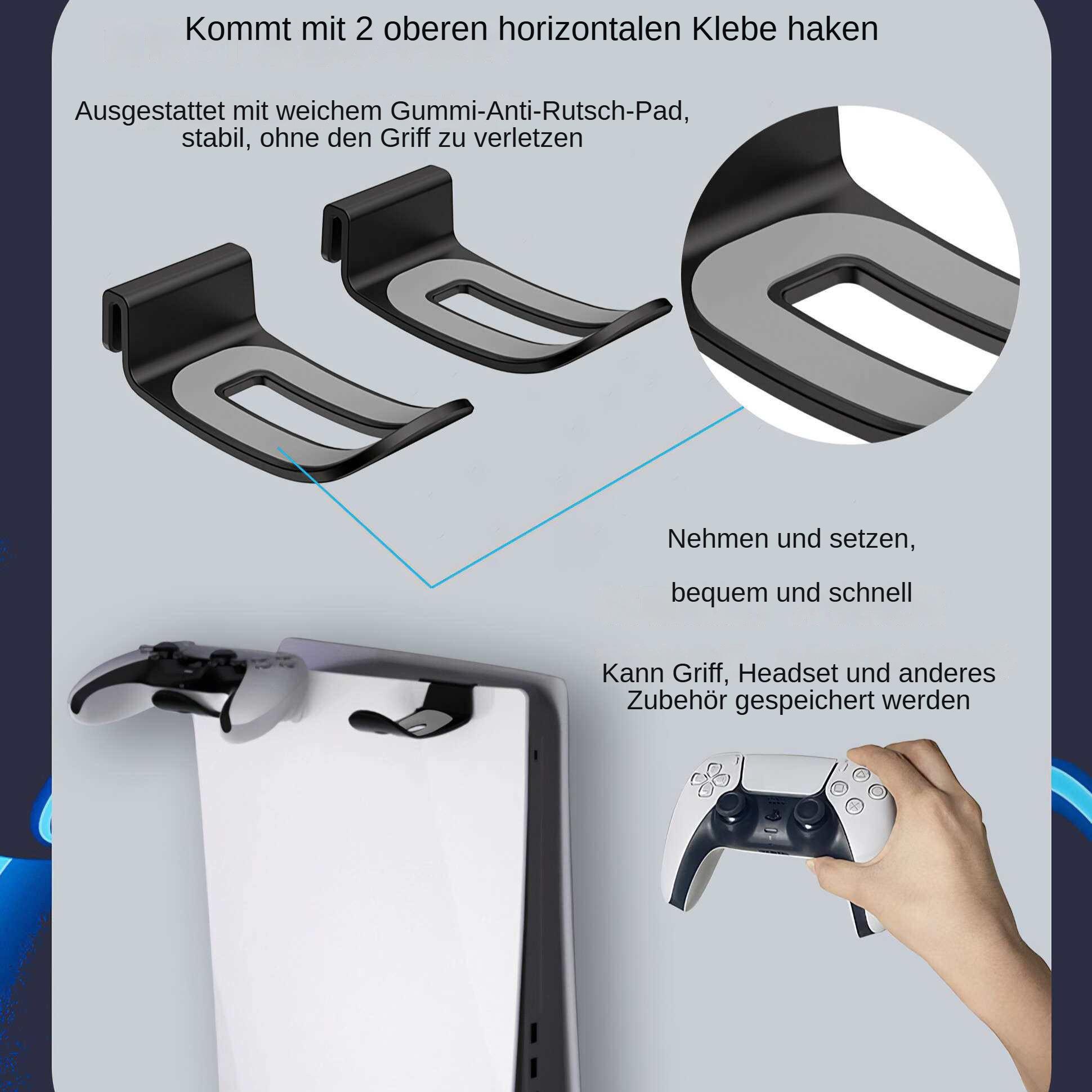 Das Bild zeigt einen schwarzen Halter für Gamecontroller. Eine Hand hält daneben einen weißen Controller.