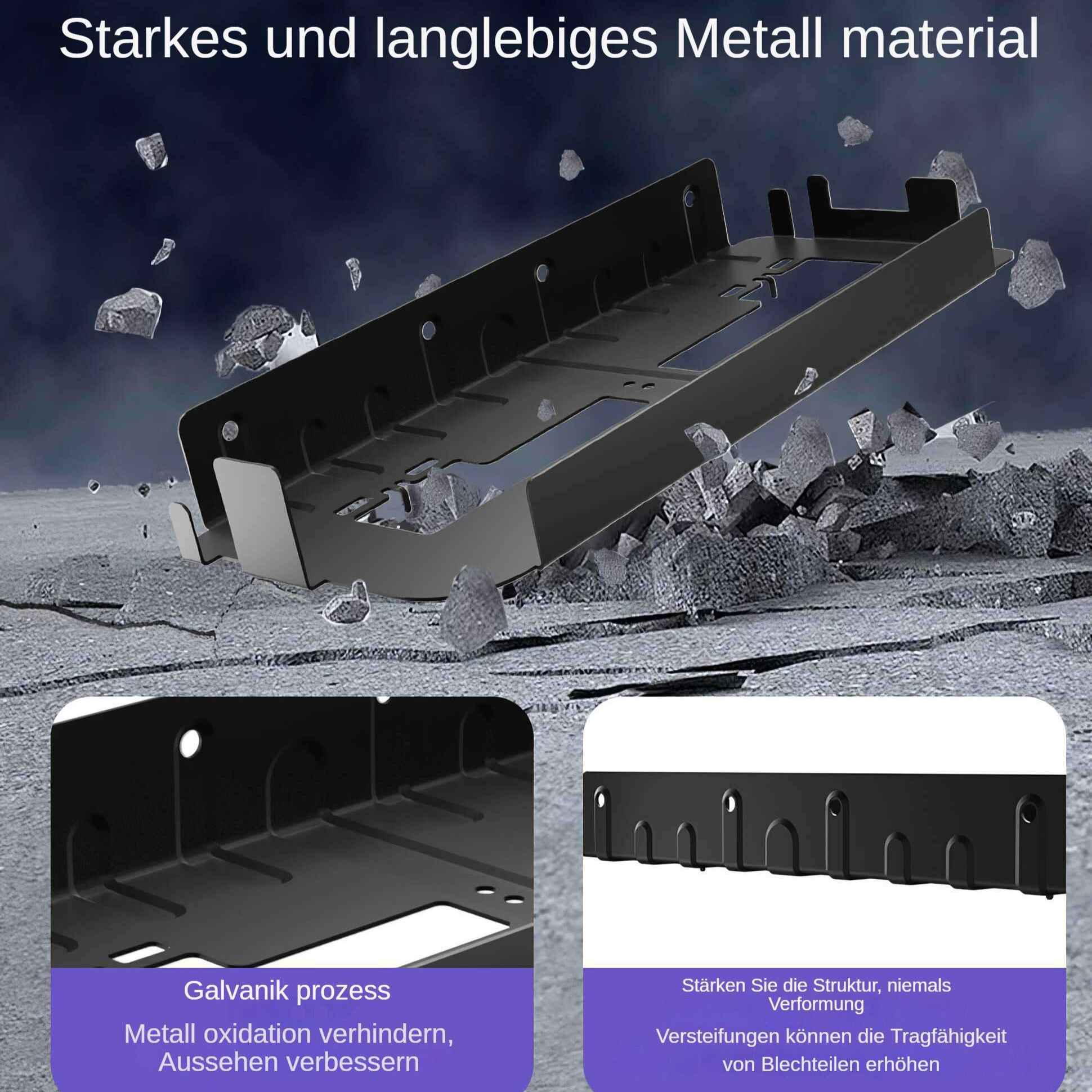 Eine schwarze Metallhalterung mit komplexem Design. Text auf Deutsch bewirbt die Stärke und Haltbarkeit des Produkts.