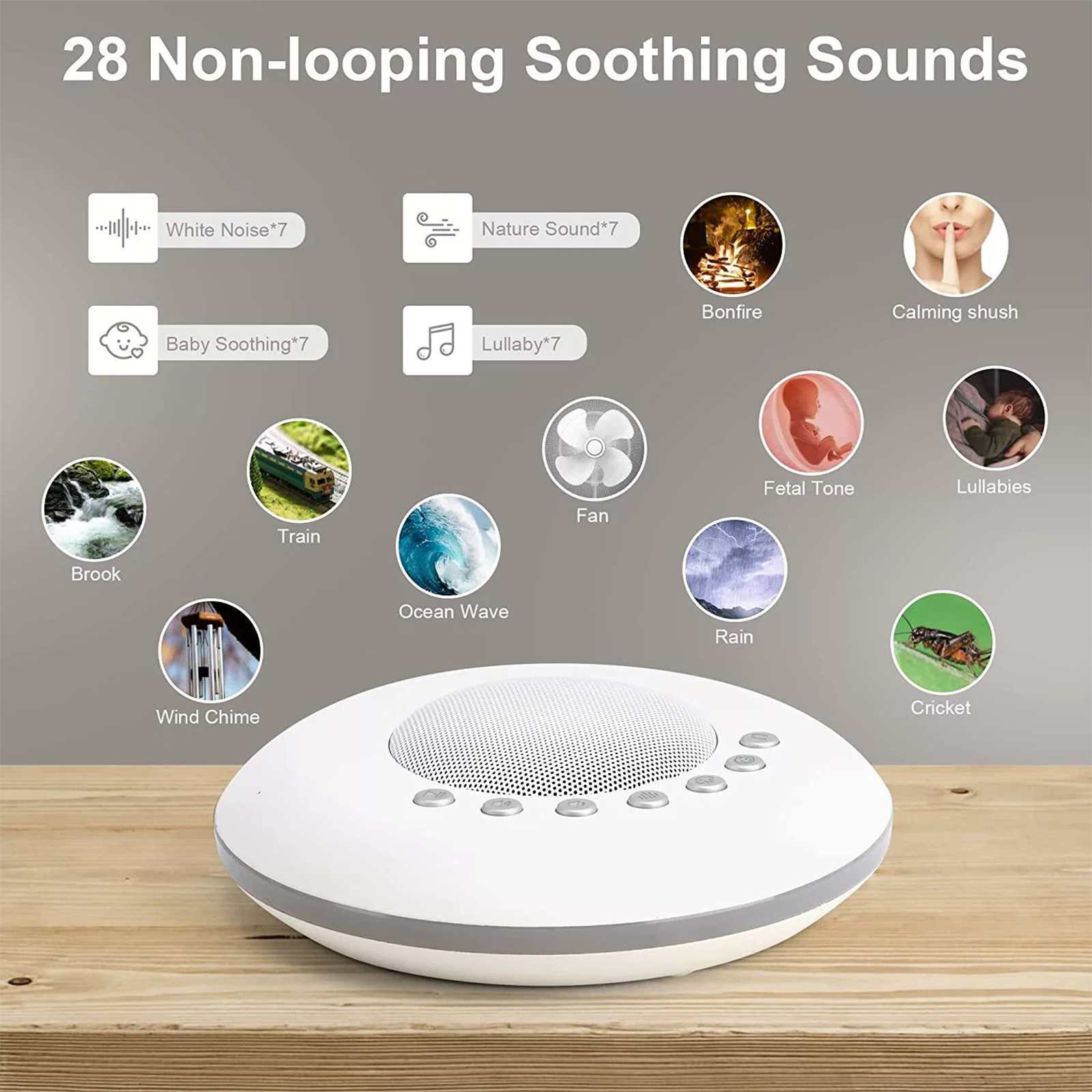 Weißer Sound-Machine mit Soundoptionen, darunter Natur, Schlaflied und weißes Rauschen. Holzoberfläche.