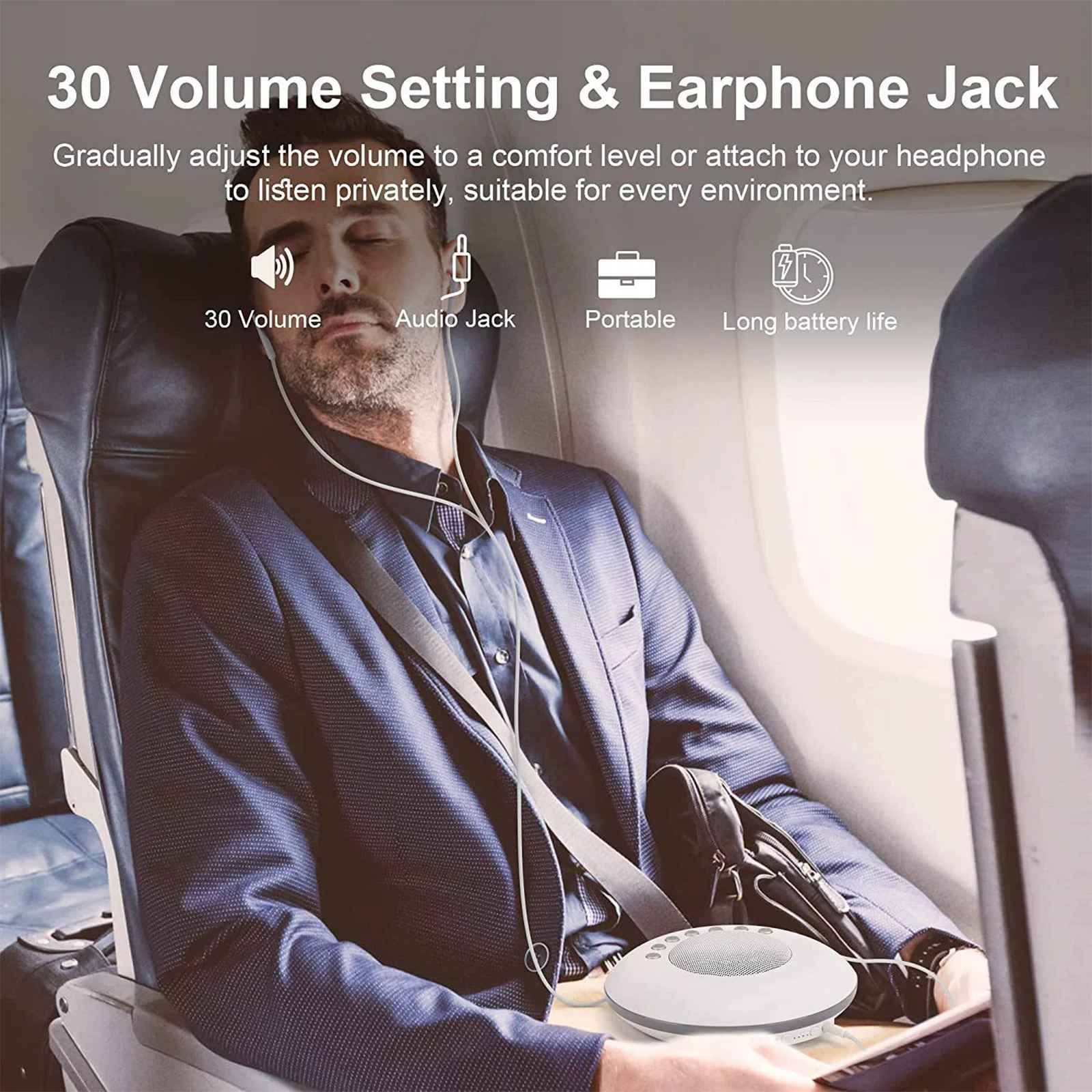 Mann im Flugzeug mit Ohrhörern. Auf seinem Schoß befindet sich eine Geräuschmaschine. Text: 30 Lautstärke, Audioanschluss, tragbar, lange Akkulaufzeit.