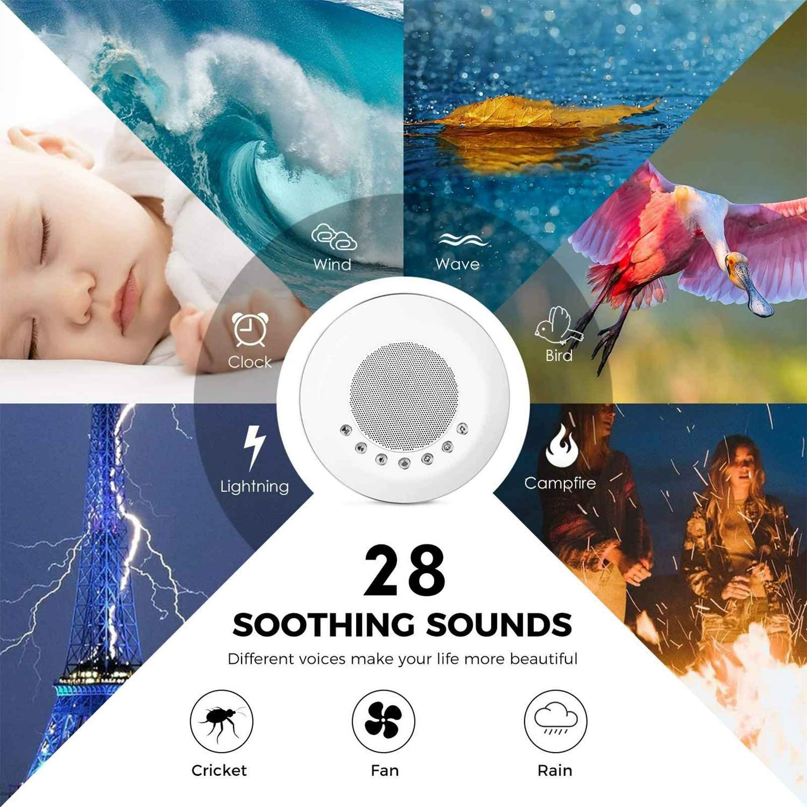 Bild mit Geräuschmaschine, Baby, Naturszenen, Blitz und Lagerfeuer-Symbolen. Text lautet: '28 beruhigende Geräusche'.