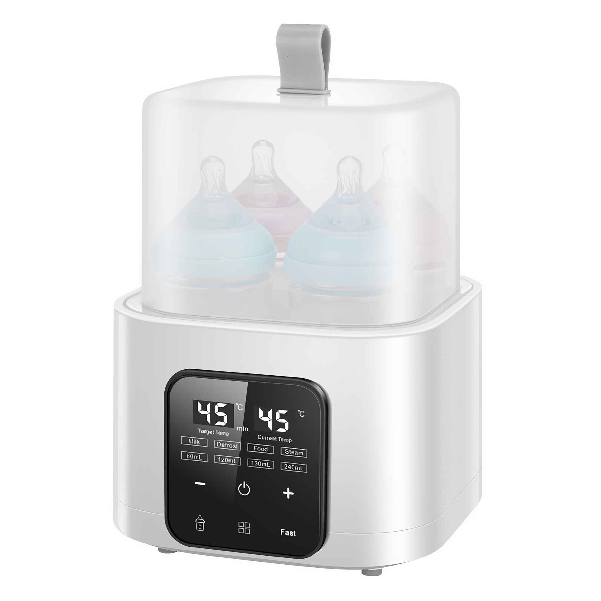 Ein weißer Babyflaschensterilisator mit transparentem Deckel. Er zeigt die Temperatur an und hat Tasten für verschiedene Funktionen.