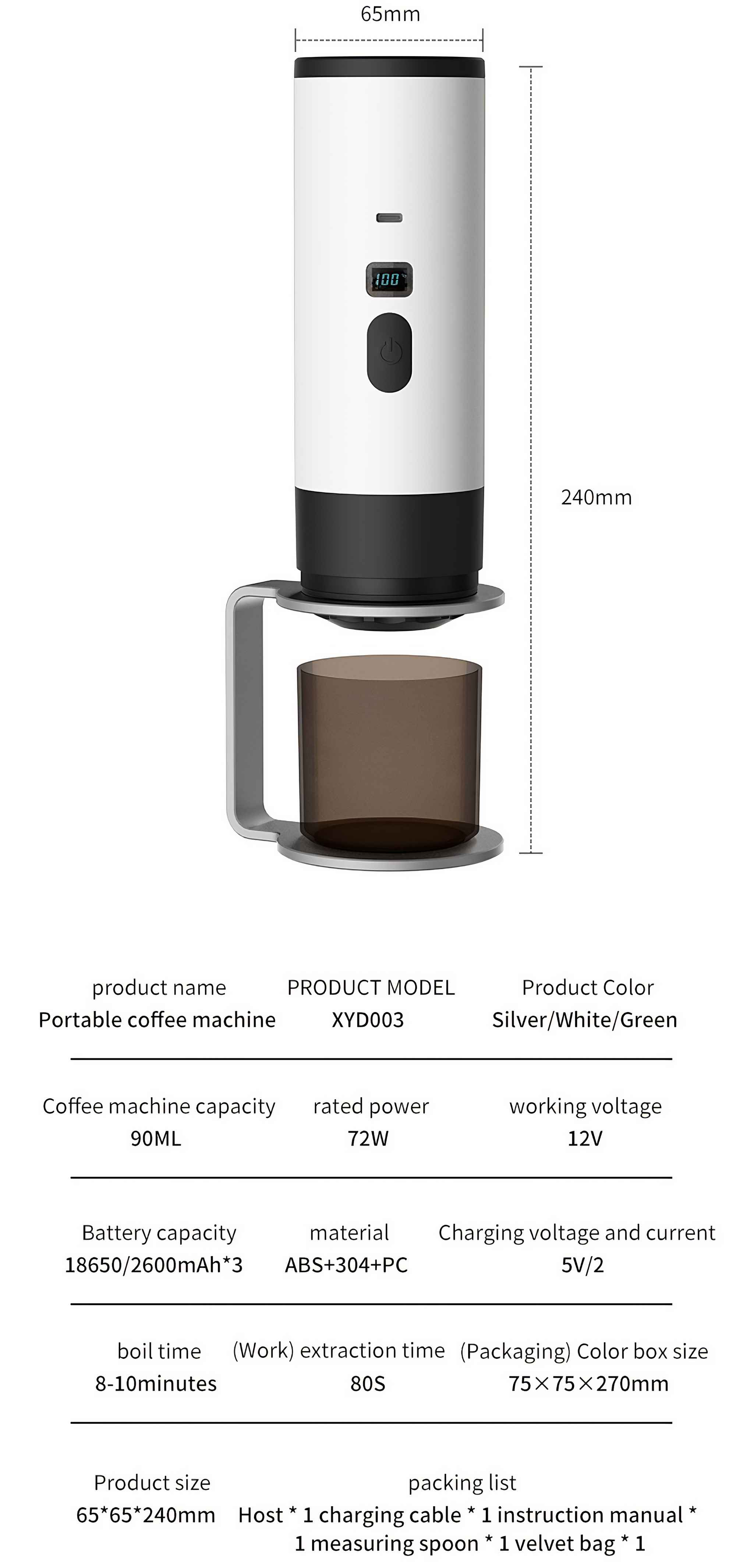 Eine tragbare Kaffee-Maschine in Weiß und Schwarz mit einem Glasbecher. Es zeigt Abmessungen und Spezifikationen.