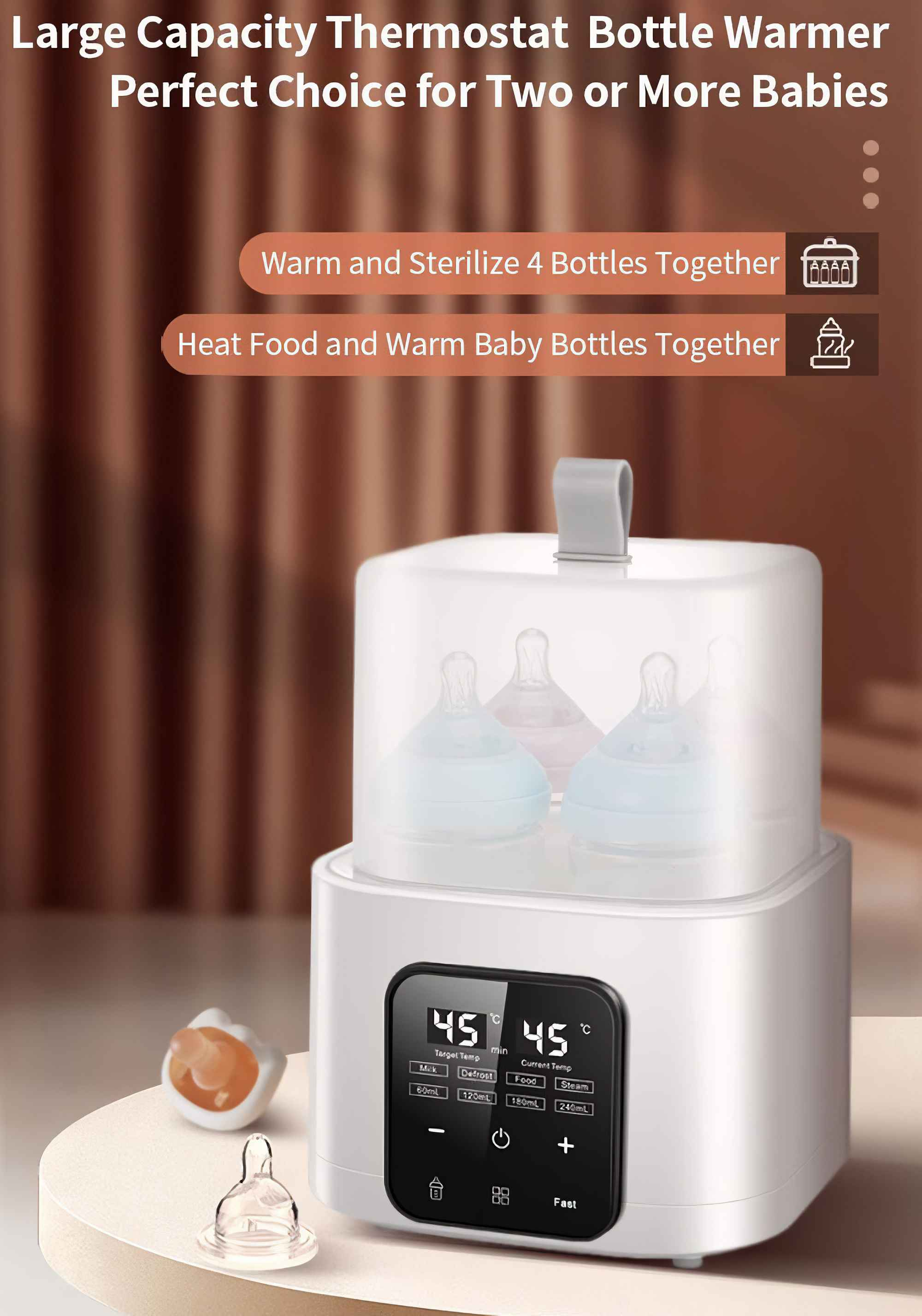 Ein weißer Flaschenwärmer mit Digitalanzeige. Er hat Babyflaschen. Der Hintergrund ist braun.