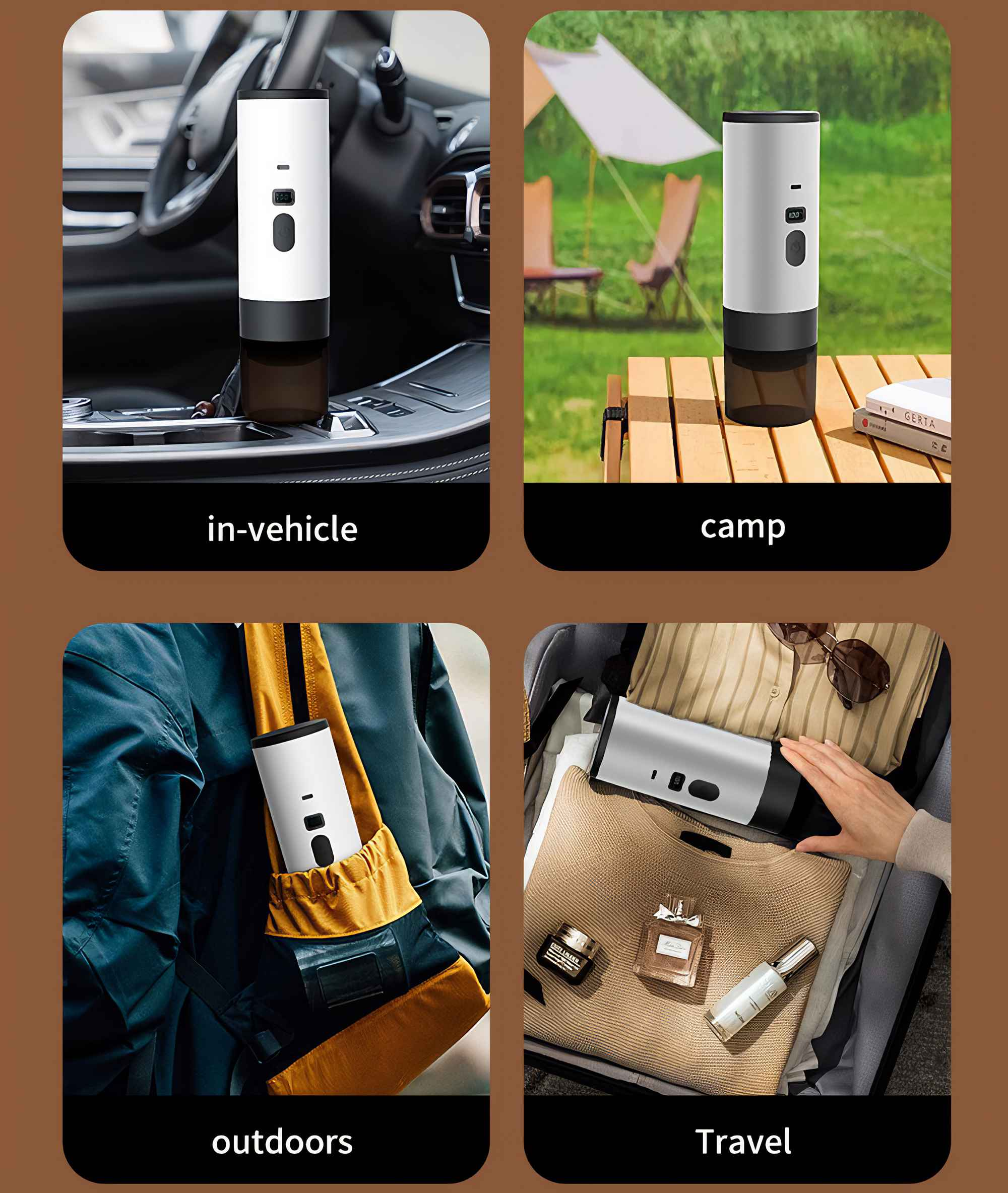 Das Bild zeigt einen Kaffeebereiter in verschiedenen Umgebungen: Auto, Camping, Outdoor und Reisen. Es ist ein tragbares Gerät.