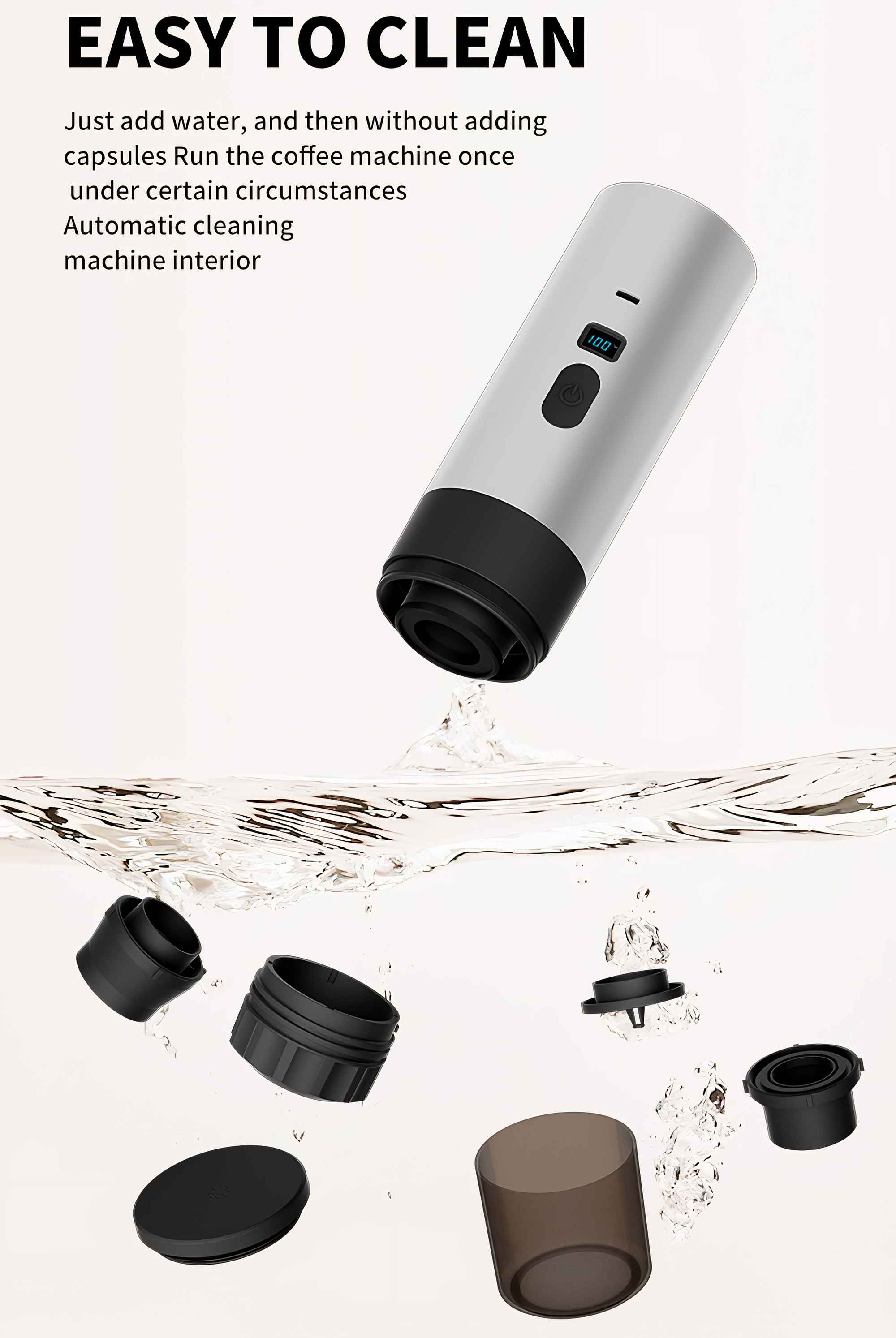 Kaffeemaschine mit Teilen, die im Wasser schweben. Text lautet 'Easy to Clean'.