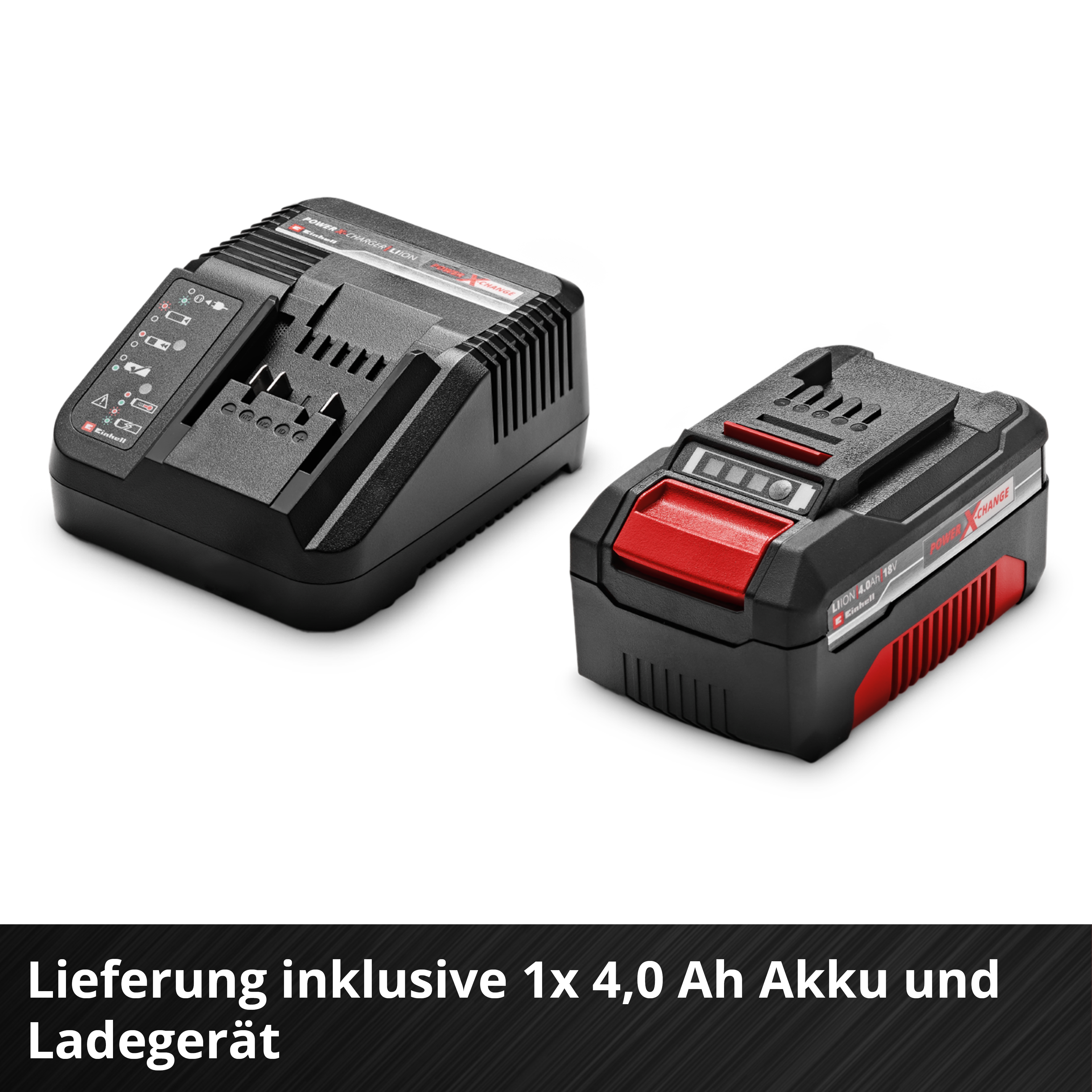 Schwarzes Ladegerät und Akku. Ladegerät hat Kontrollleuchten. Akku hat rote Akzente. Weißer Hintergrund.