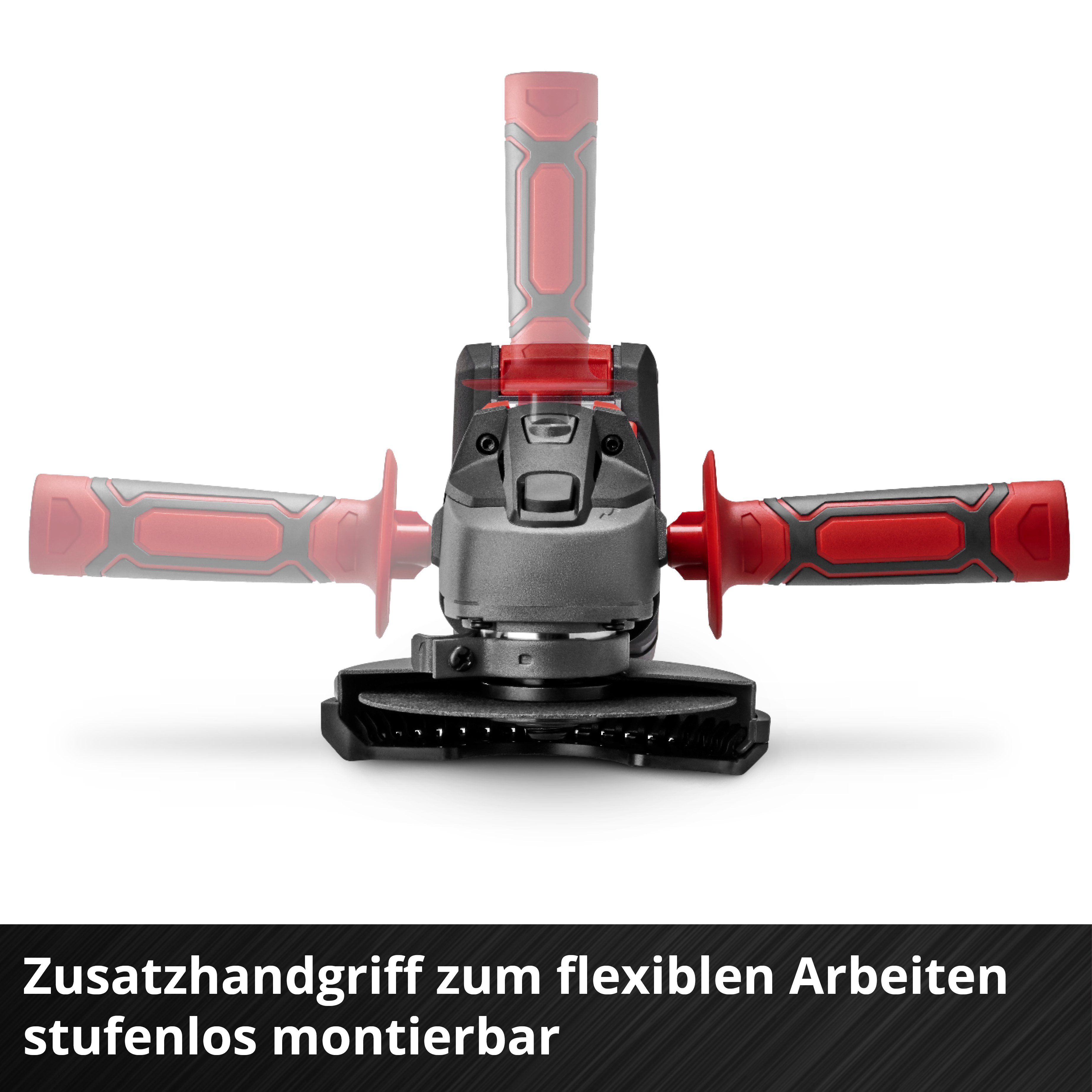 Winkelschleifer mit rot-schwarzen Griffen. Der Griff kann in verschiedenen Positionen montiert werden.