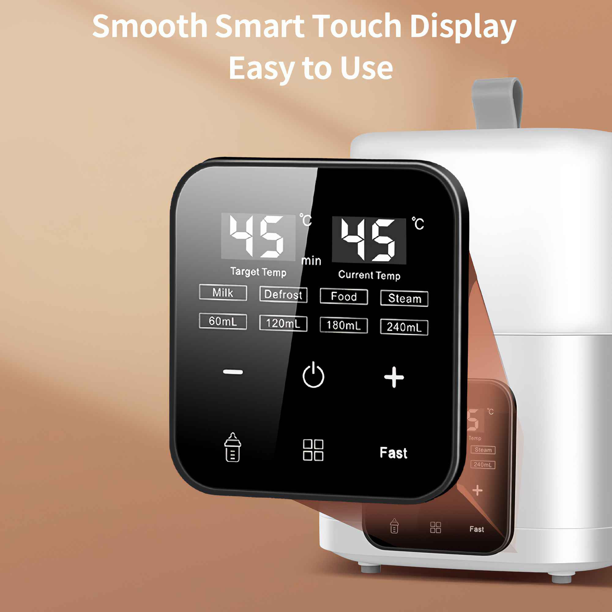 Ein weiß-schwarzes Gerät mit Touch-Display zeigt Temperatur und Einstellungen. Tasten für Milch, Essen und Dampf.