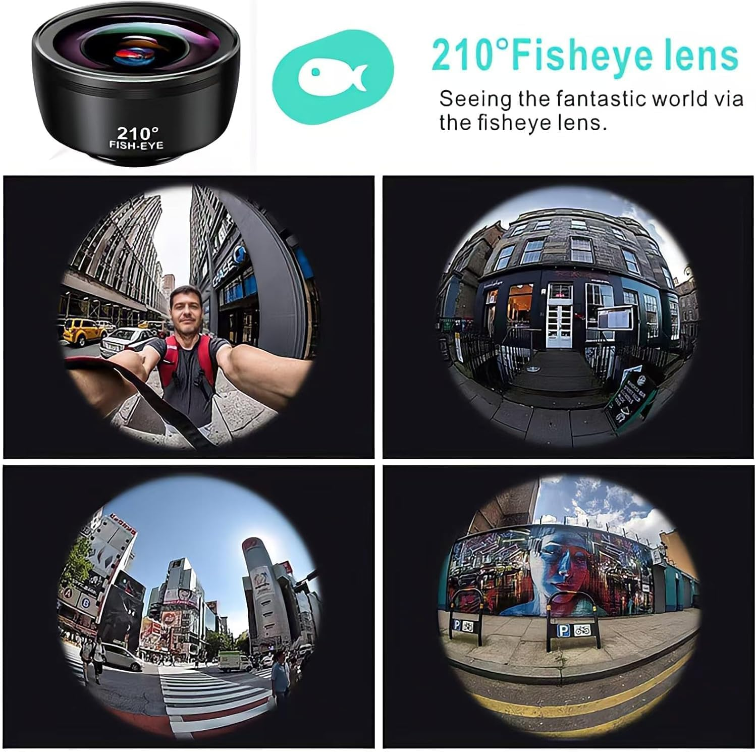 Eine Fischaugenlinse und vier kreisförmige Bilder. Die Bilder zeigen Stadtlandschaften und eine Person. Der Text lautet '210° Fisheye-Objektiv'.
