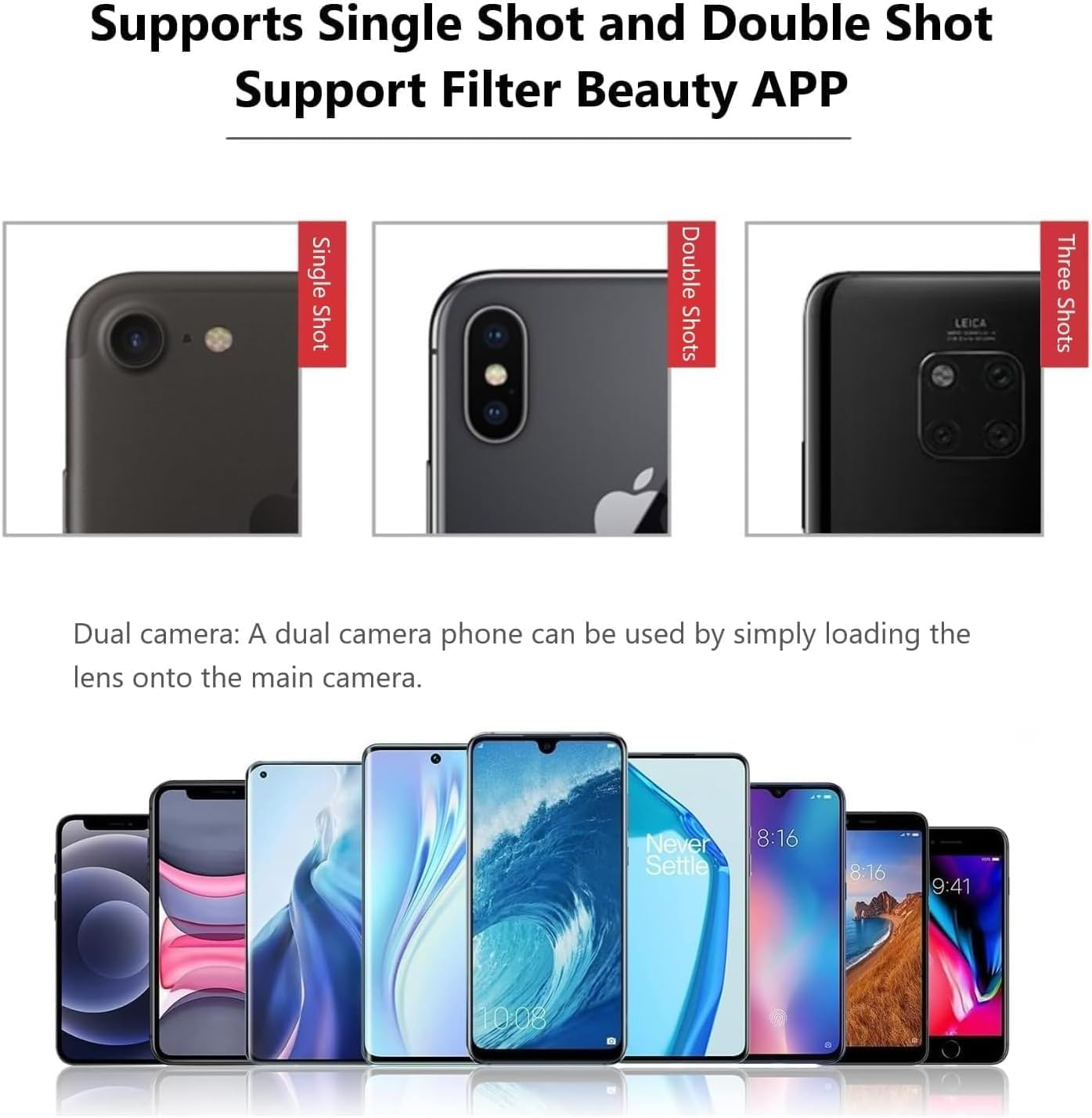 Das Bild zeigt drei Telefone mit unterschiedlichen Kameraanordnungen. Darunter werden mehrere Telefone angezeigt, die verschiedene Telefonfunktionen hervorheben.