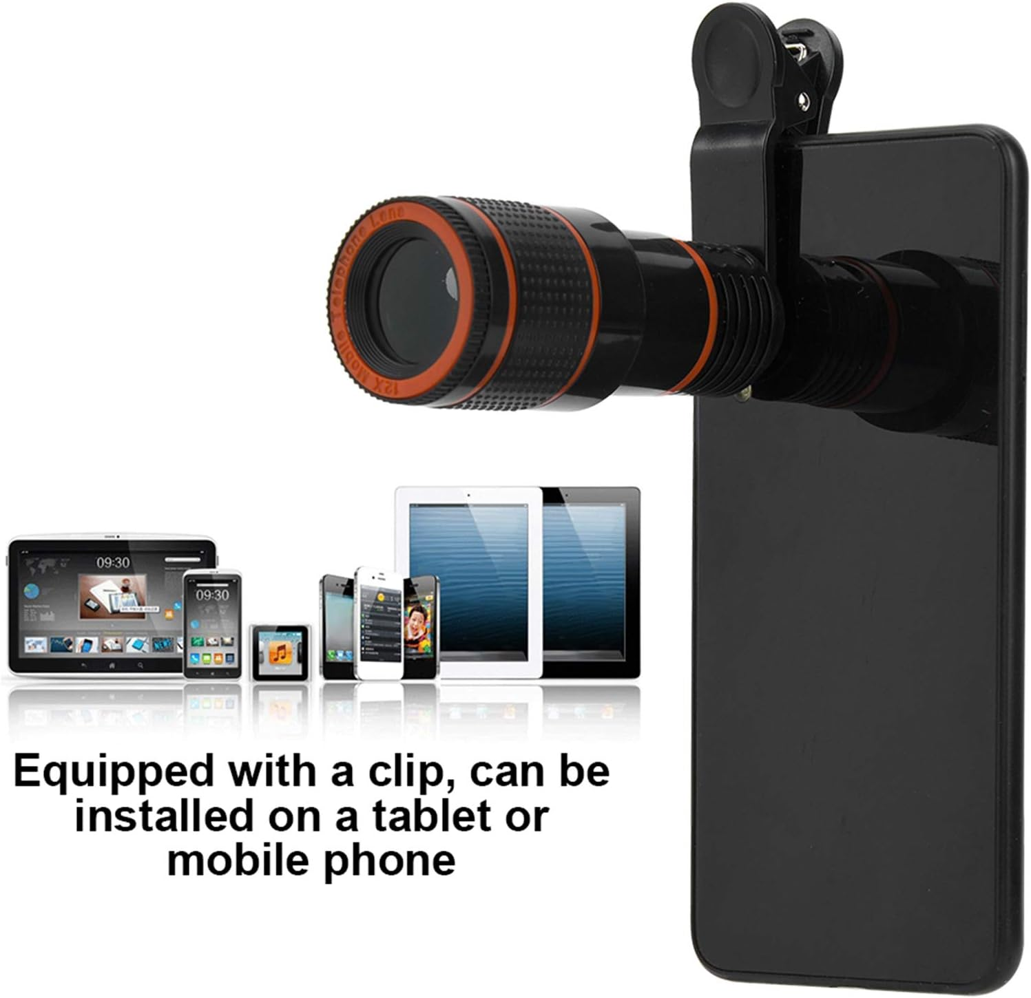Ein Telefon mit einem Clip-On-Objektiv und anderen Geräten. Das Objektiv ist schwarz und orange. Text: Ausgestattet mit einem Clip, kann auf einem Tablet oder Mobiltelefon installiert werden.