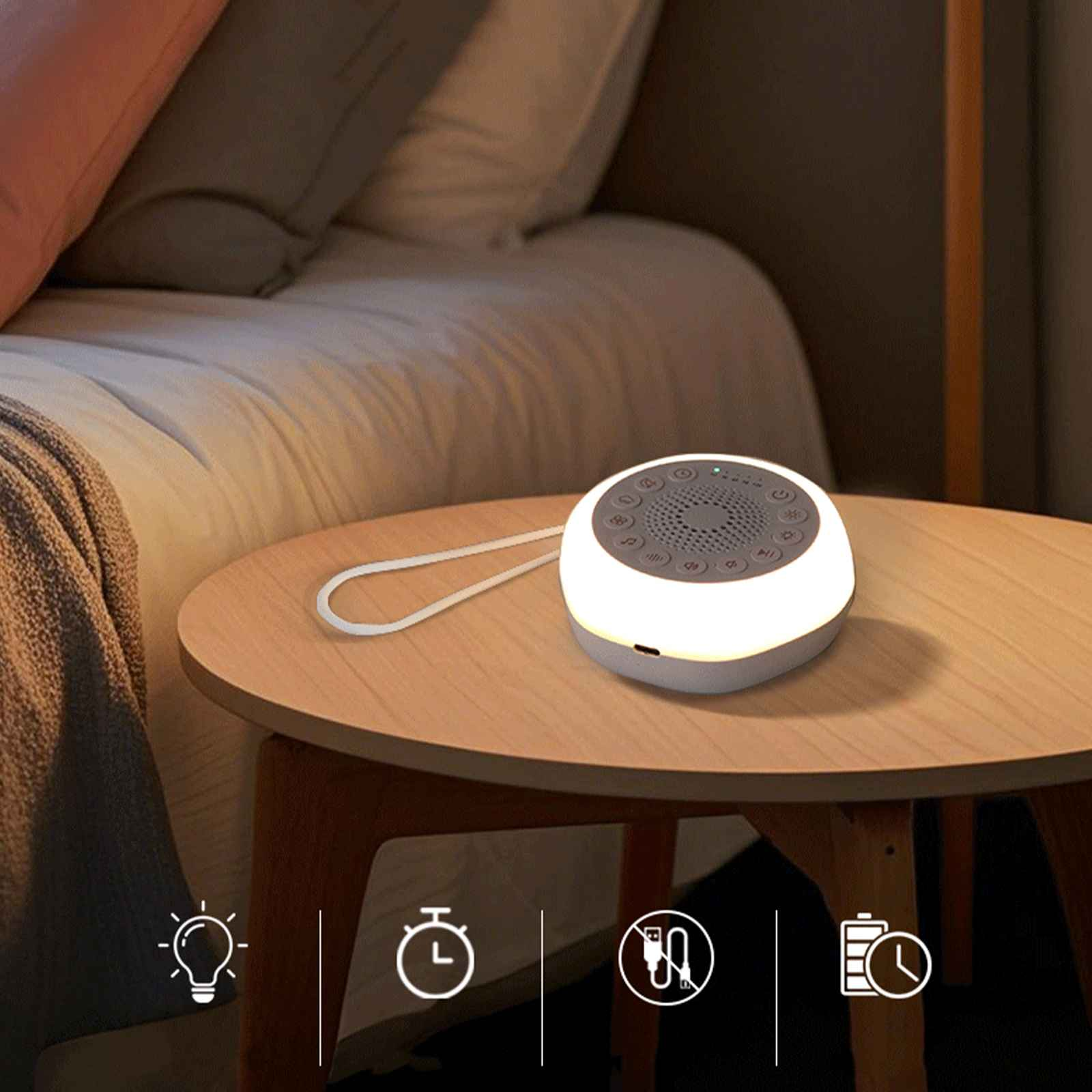 Eine Geräuschmaschine mit Licht steht auf einem Holztisch. Im Hintergrund ist ein Bett.