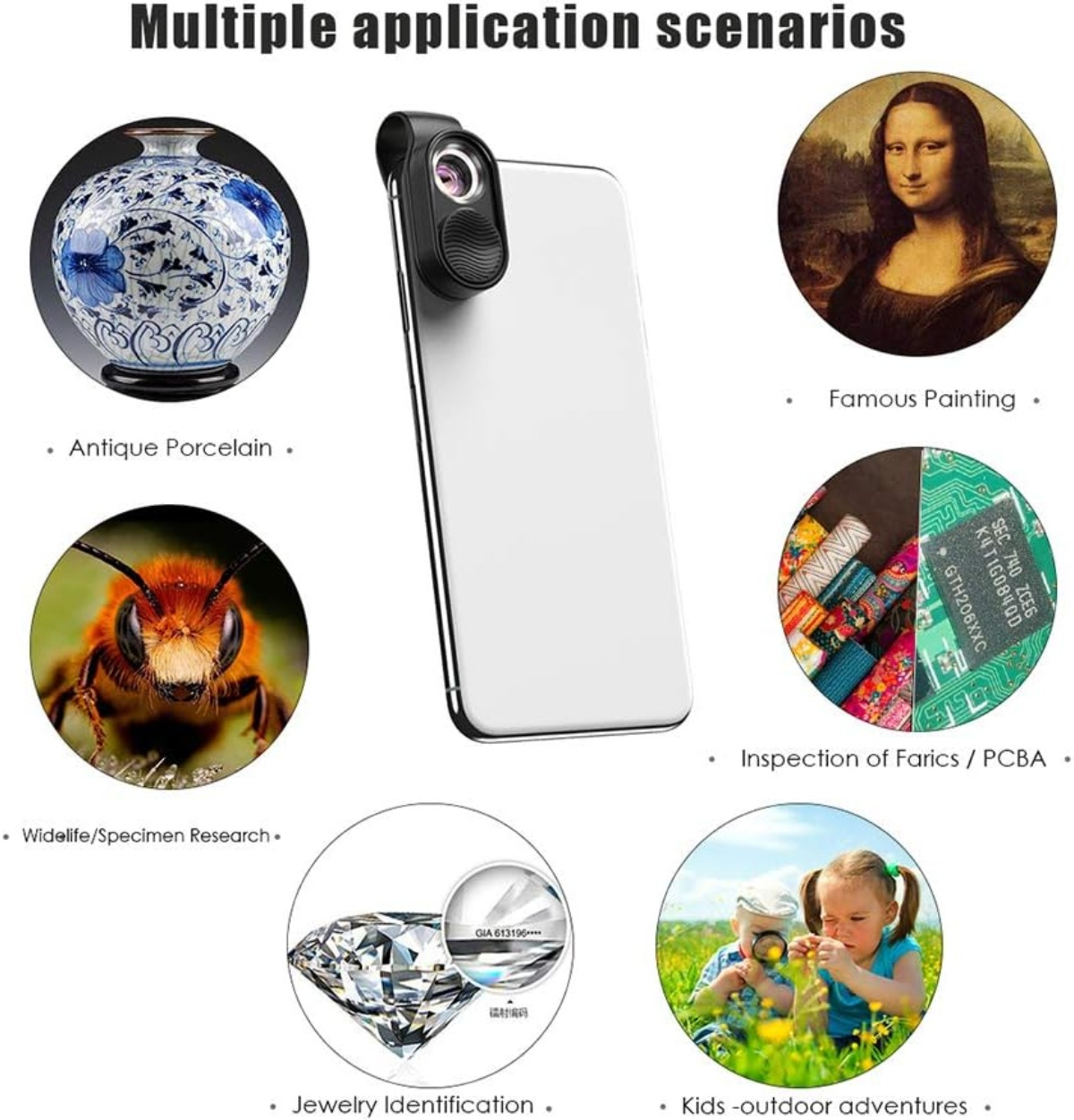 Das Bild zeigt ein Telefon mit Objektivaufsatz und Beispiele: Gemälde, Insekt, Porzellan, Diamant, Leiterplatte, Kinder.