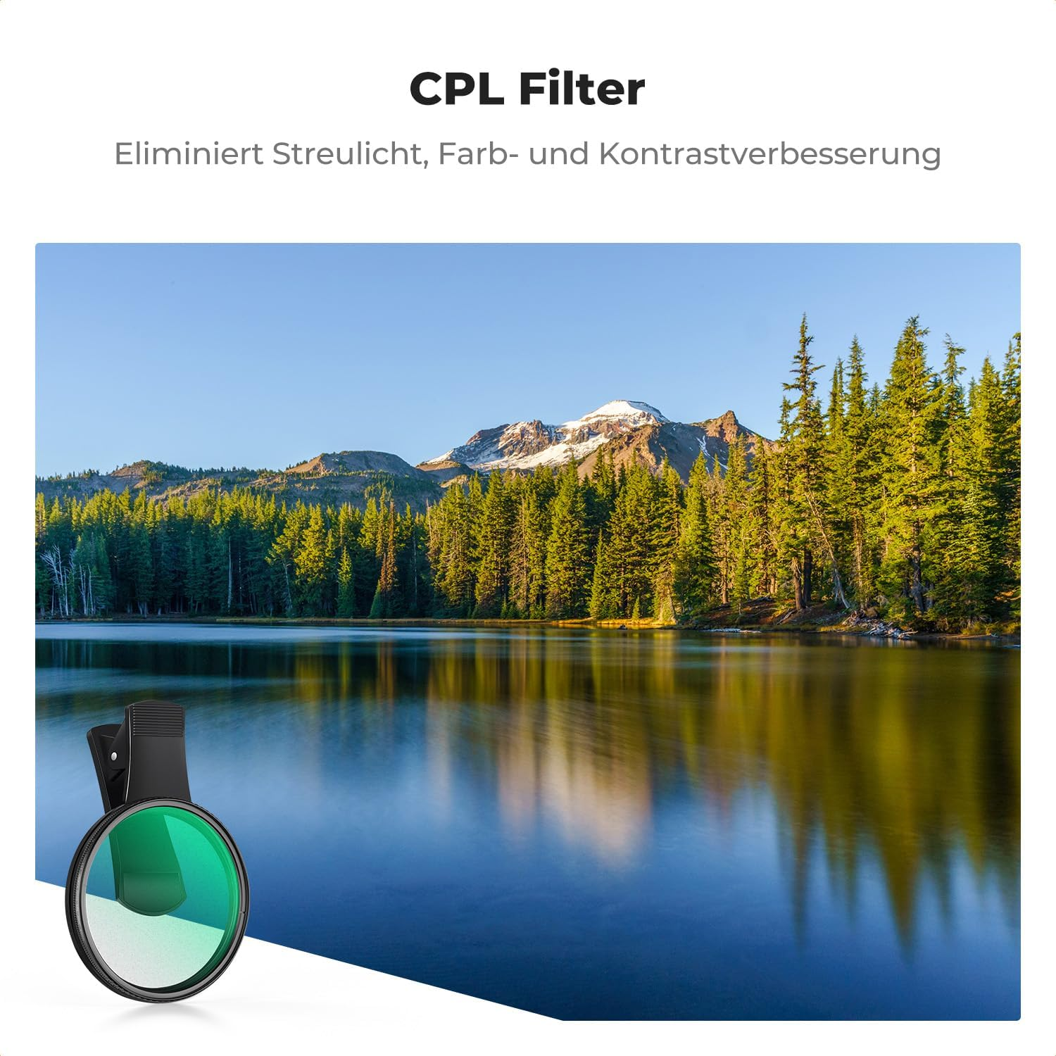 Ein See spiegelt Berge und Bäume wider. Ein CPL-Filter wird im Vordergrund gezeigt. Blauer Himmel.