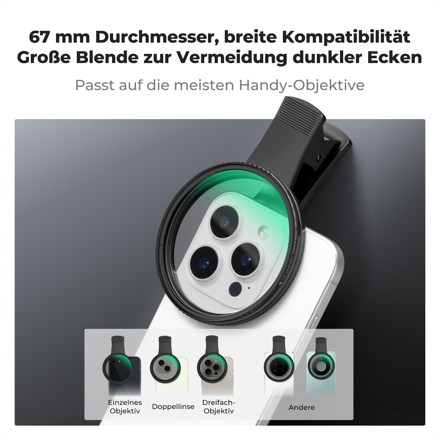 Ein Telefon mit Objektivaufsatz. Der Text oben lautet: '67 mm Durchmesser, breite Kompatibilität.' Mehrere Objektivtypen werden angezeigt.
