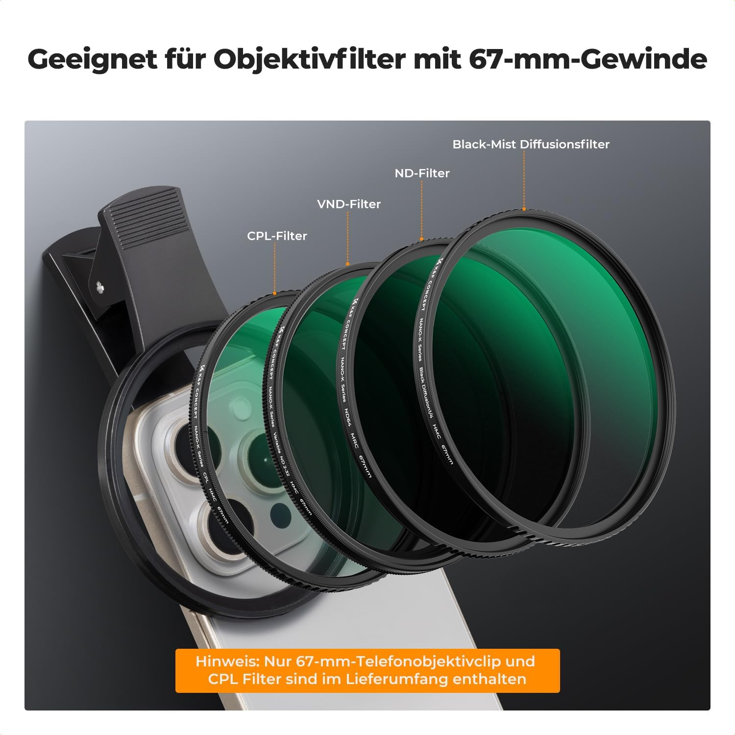 Das Bild zeigt Filter für eine Telefonkamera. CPL-, VND- und ND-Filter sind sichtbar, zusammen mit einem Telefonclip. Auch Text auf Deutsch.