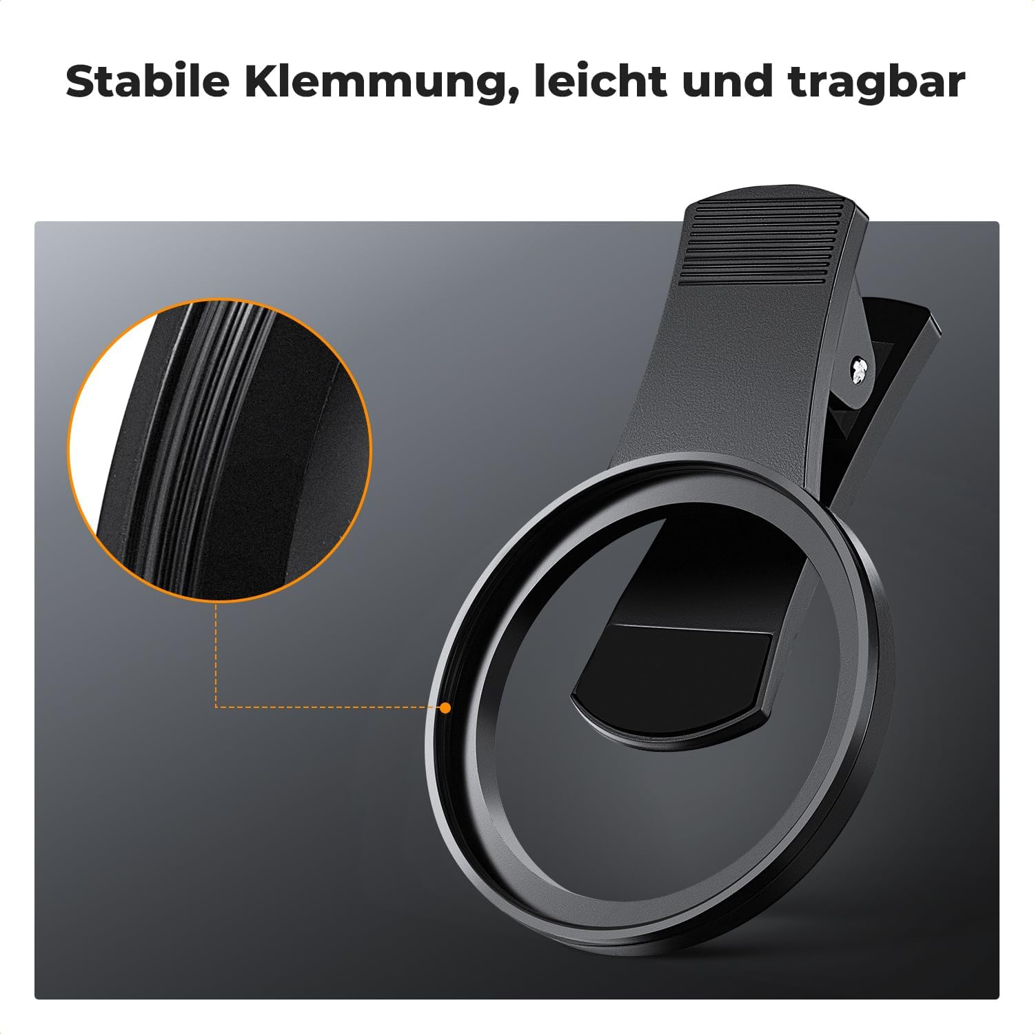 Schwarzes Clip-On-Ringlicht, Nahaufnahme. Verfügt über einen kreisförmigen Ring, einen Clip und ein Detail des Griffs.