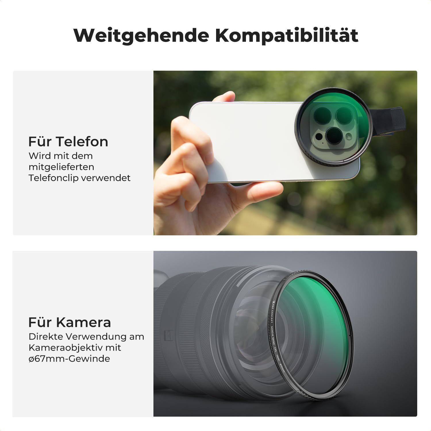 Das Bild zeigt ein Telefon mit Objektivaufsatz und ein Kameraobjektiv mit Filter, zur Veranschaulichung der Kompatibilität.
