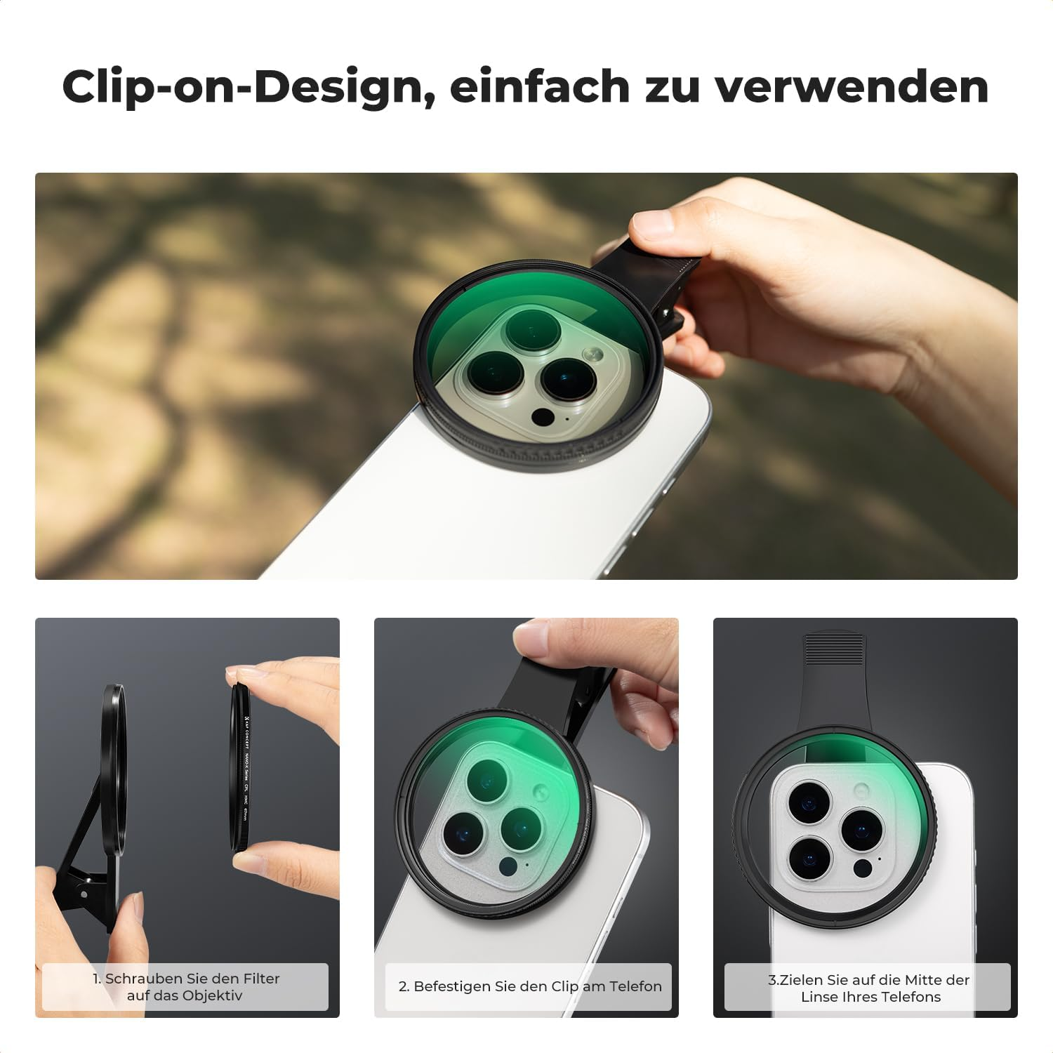 Eine Hand hält ein Telefon mit einer Clip-On-Linse. Anweisungen zeigen das Anbringen der Linse an der Telefonkamera.