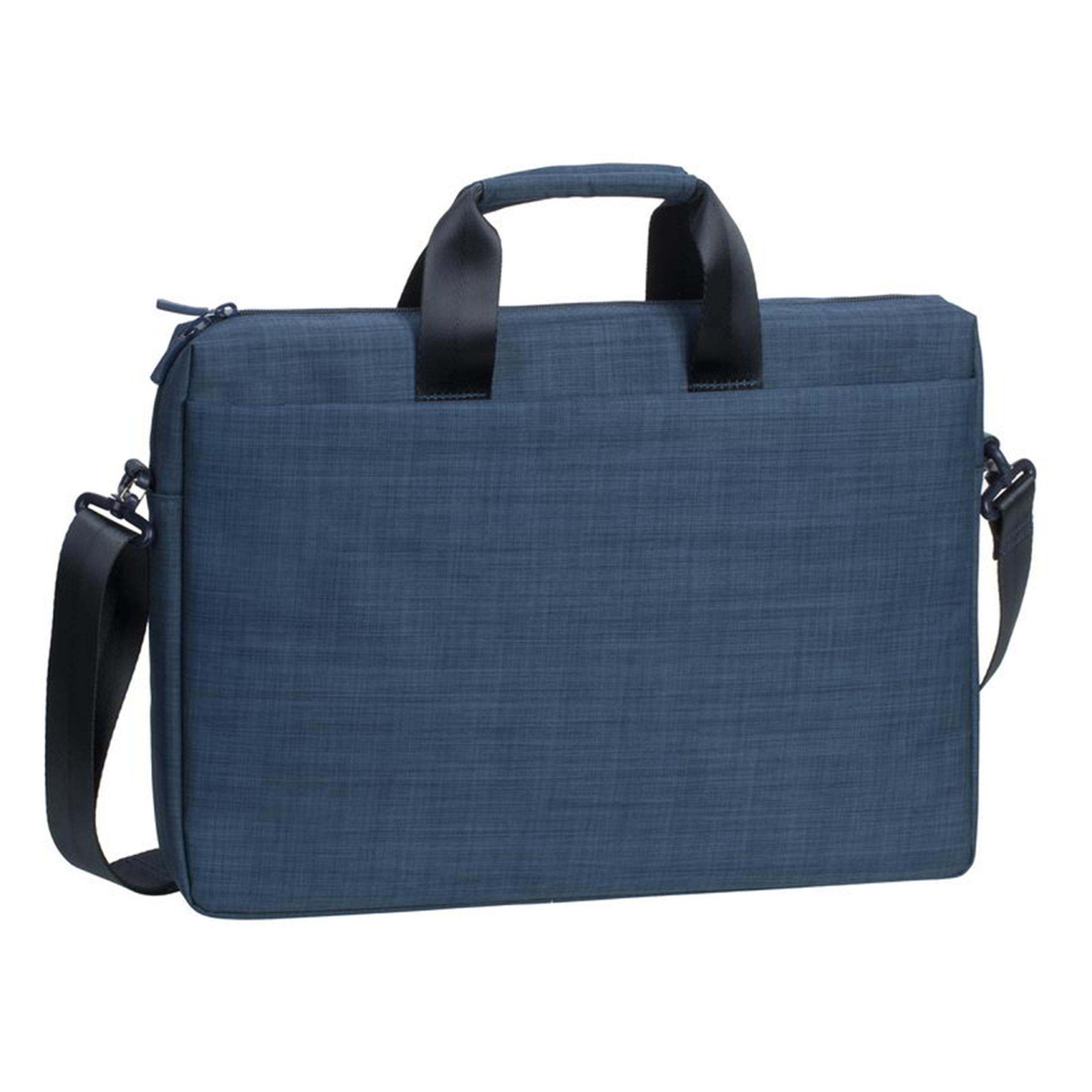 Una borsa per laptop in tessuto blu con manici neri e tracolla su sfondo bianco.