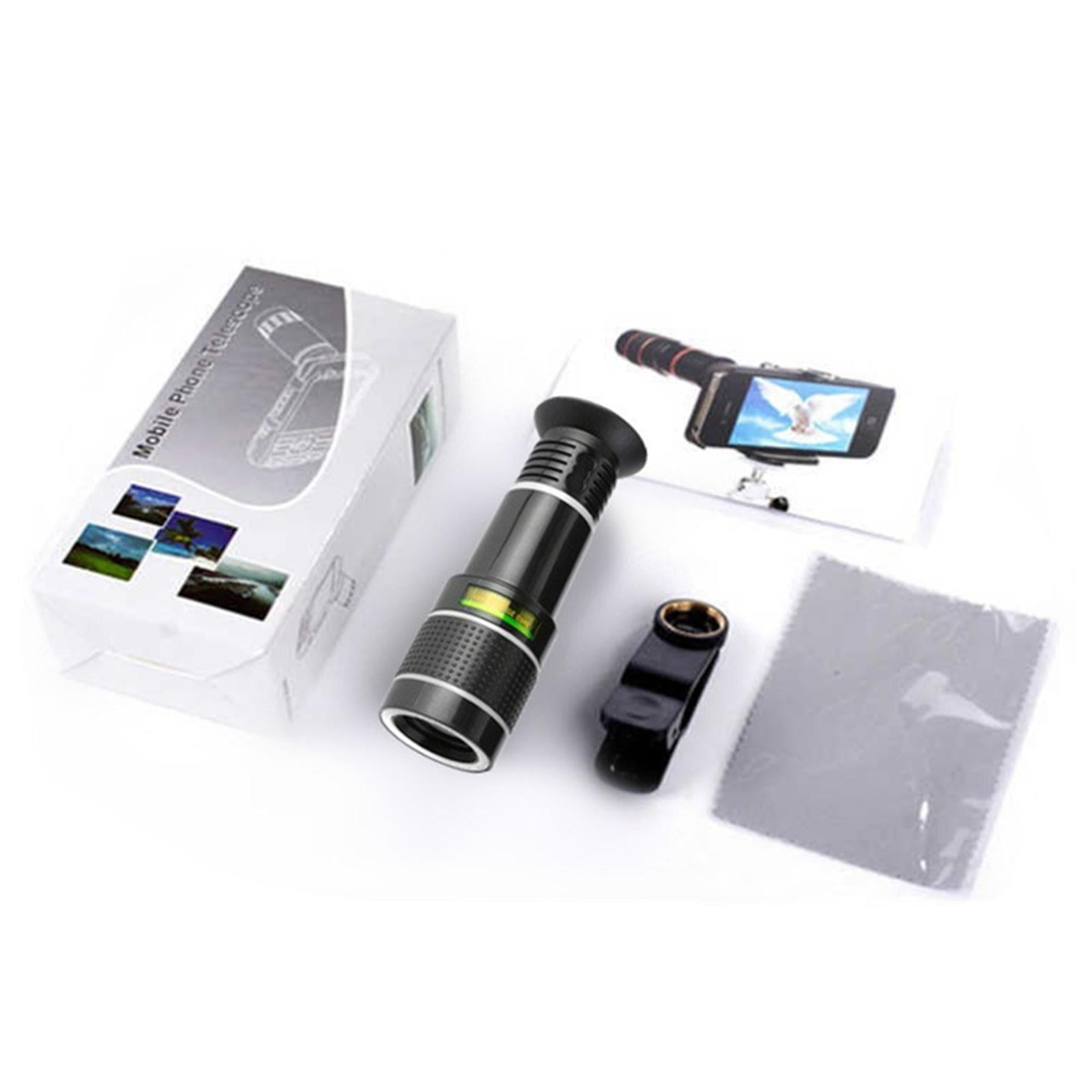 Ein Mobiltelefon-Teleskop-Kit mit Box, Objektiv, Clip, Tuch und einem Telefon, das ein Bild anzeigt.