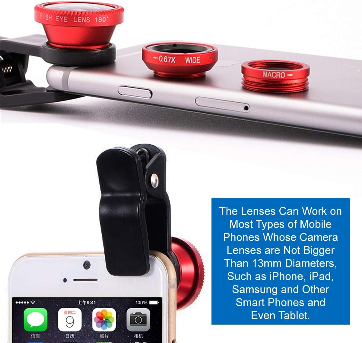 Ein Smartphone mit roten Objektiven. Auf einem Objektiv steht 'FISH EYE', auf einem anderen '-0.67X WIDE' und auf dem letzten 'MACRO'.