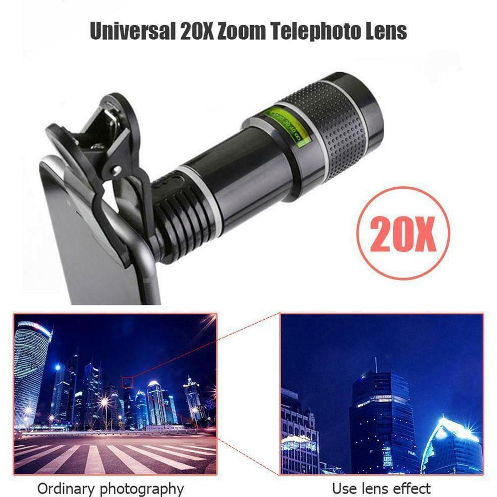 Ein Telefon mit angesetztem Teleobjektiv, Text oben lautet Universal 20X Zoom Teleobjektiv, mit Beispielen der Fotografie.