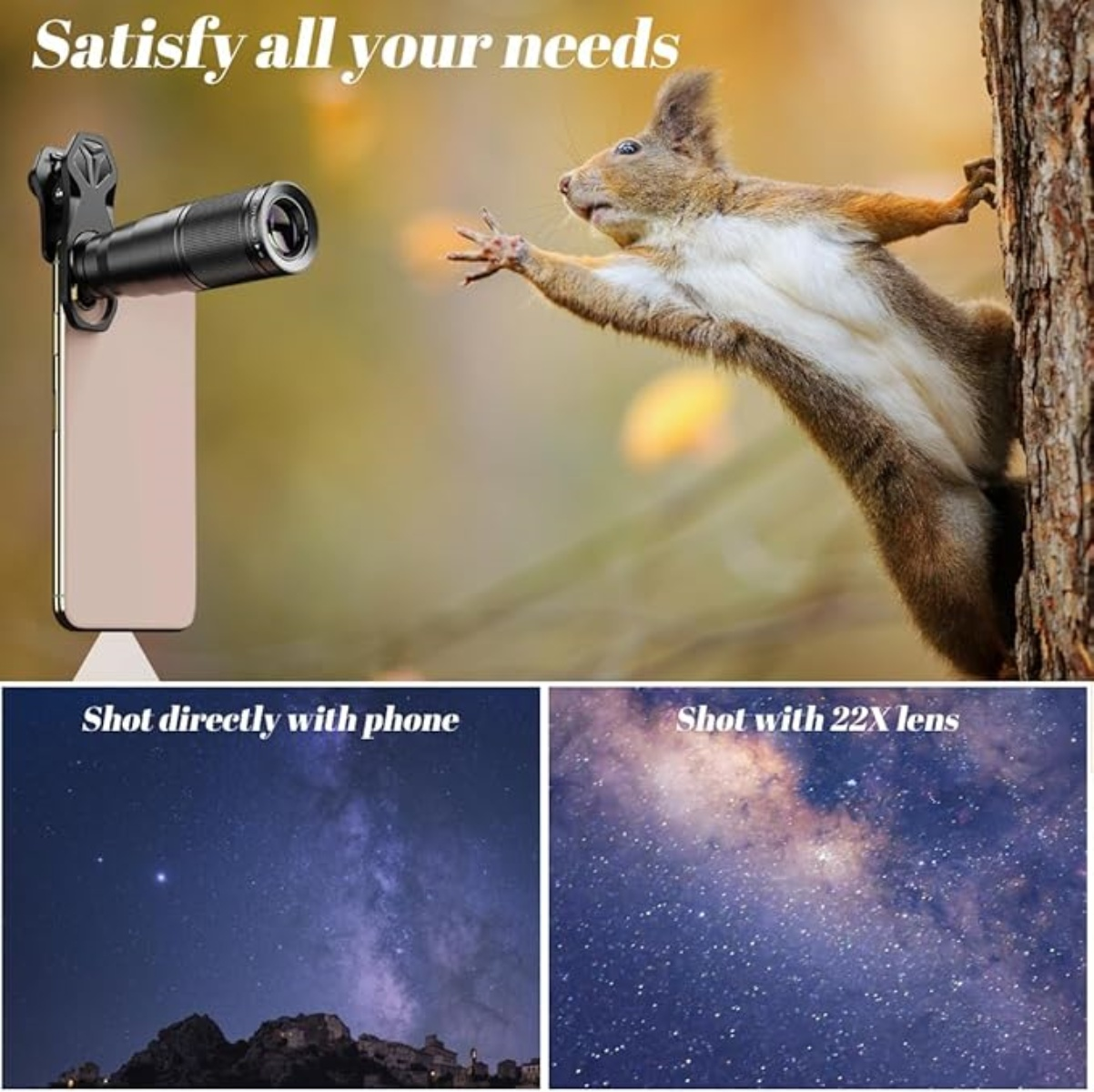 Ein Telefon mit aufgesetztem Objektiv ist auf ein Eichhörnchen an einem Baum gerichtet. Darunter sind Aufnahmen des Nachthimmels mit und ohne Objektiv.