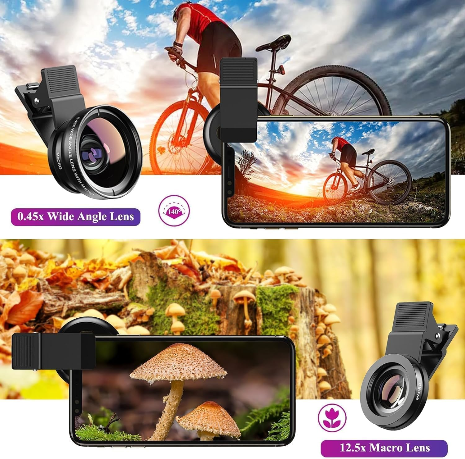 Das Bild zeigt Handylinsen, einen Radfahrer und Pilze. Eine Linse ist Weitwinkel, die andere Makro. Das Telefon zeigt die Bilder an.