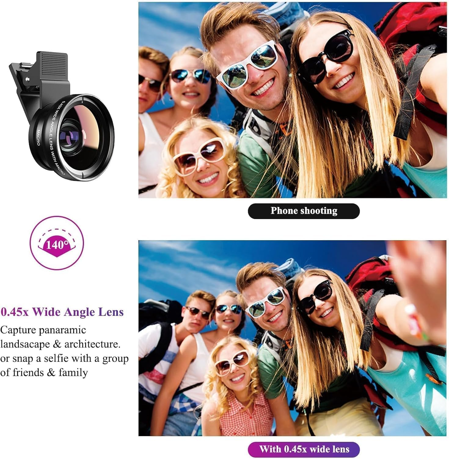 Gruppe von Freunden macht ein Selfie mit Sonnenbrille. Links ist eine Weitwinkellinse. Der Himmel ist blau.
