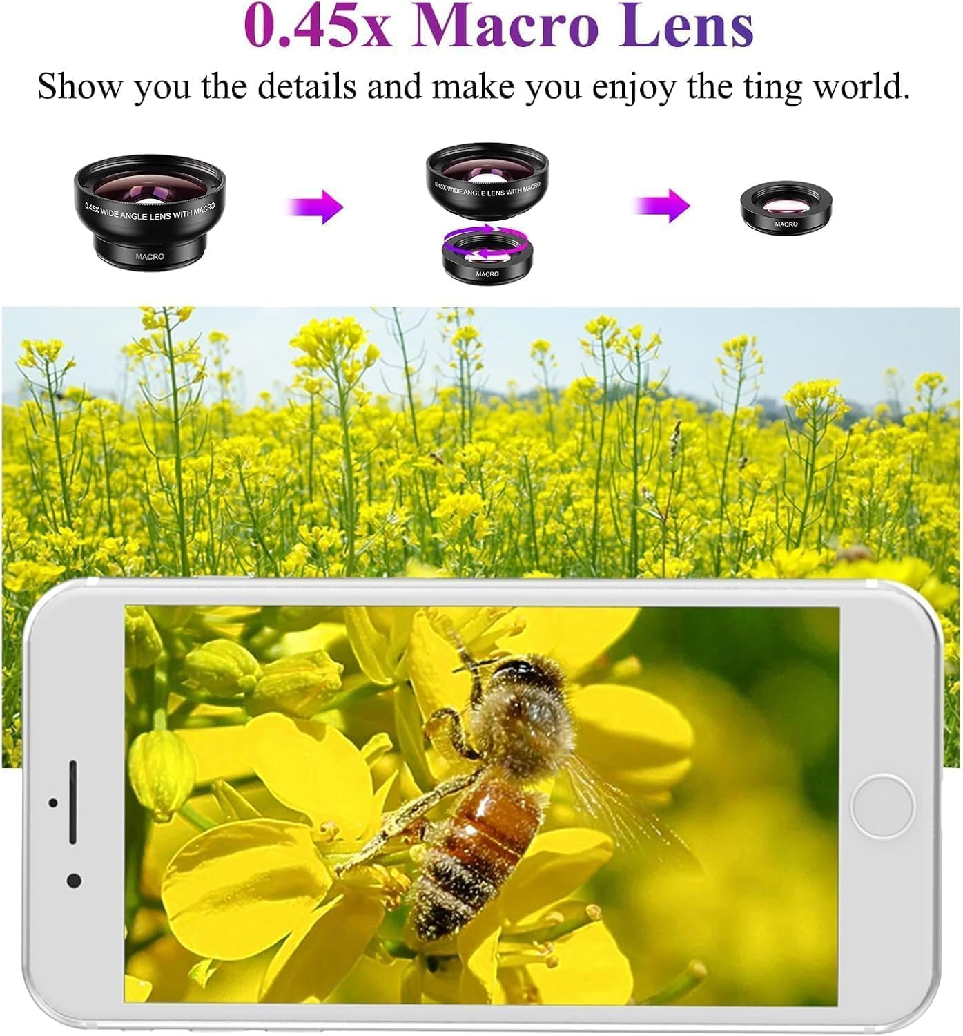 Eine Biene auf einer gelben Blume wird auf einem Handy-Bildschirm angezeigt. Makroobjektiv-Produktbilder sind oben abgebildet.