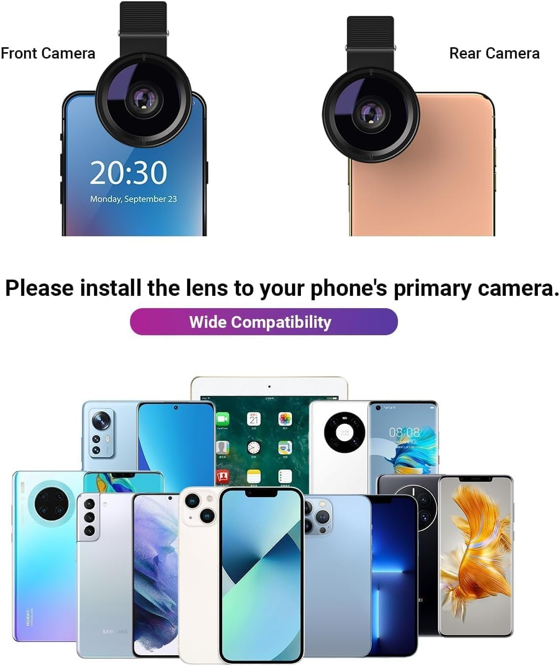 Das Bild zeigt eine Telefonlinse, zwei Telefone mit Linsen und verschiedene Telefone und Tablets. Der Text rät zur Installation der Linse.