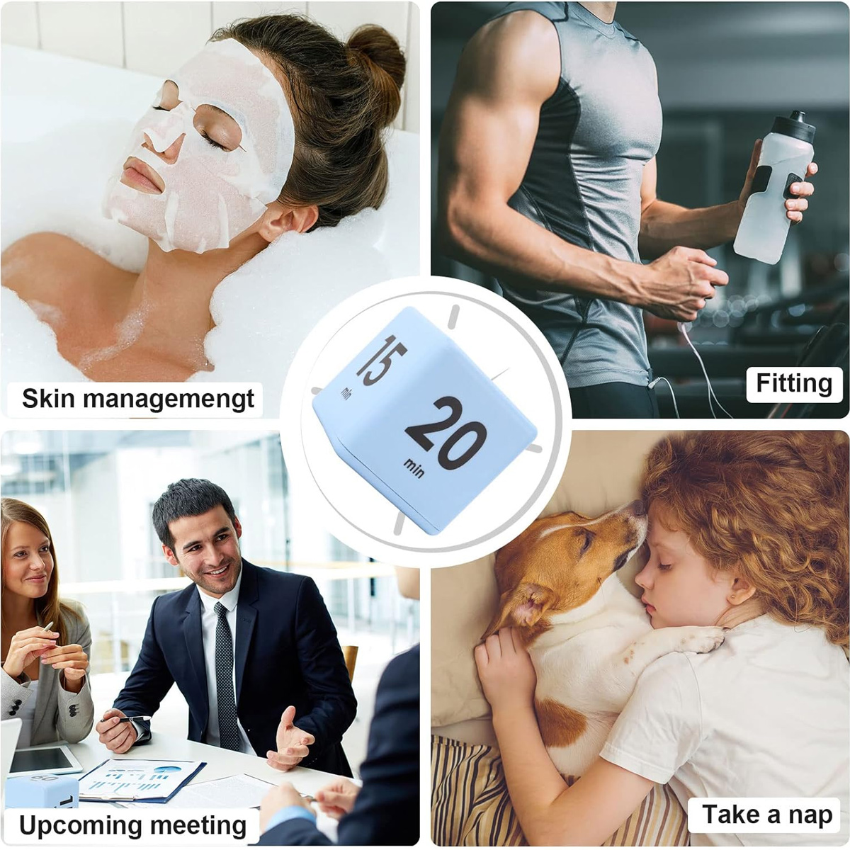 Collage mit Hautpflege, Fitness, Meeting und Kind mit Hund. Ein blauer Timer zeigt '20 min'.
