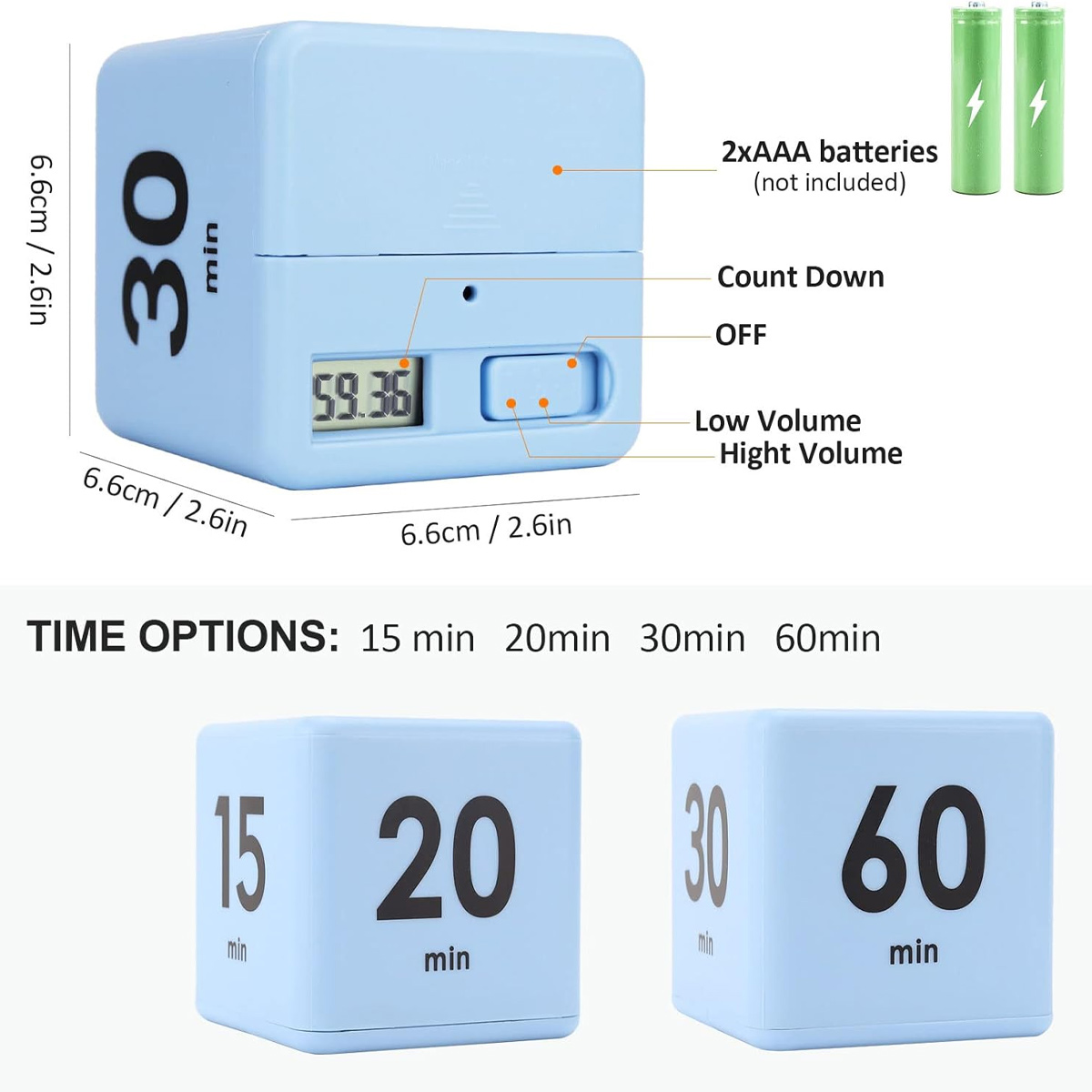 Ein blauer Würfel-Timer zeigt '30 min' an, mit einer Digitalanzeige. Zeigt auch 15-, 20- und 60-Minuten-Optionen. Batterien sind abgebildet.